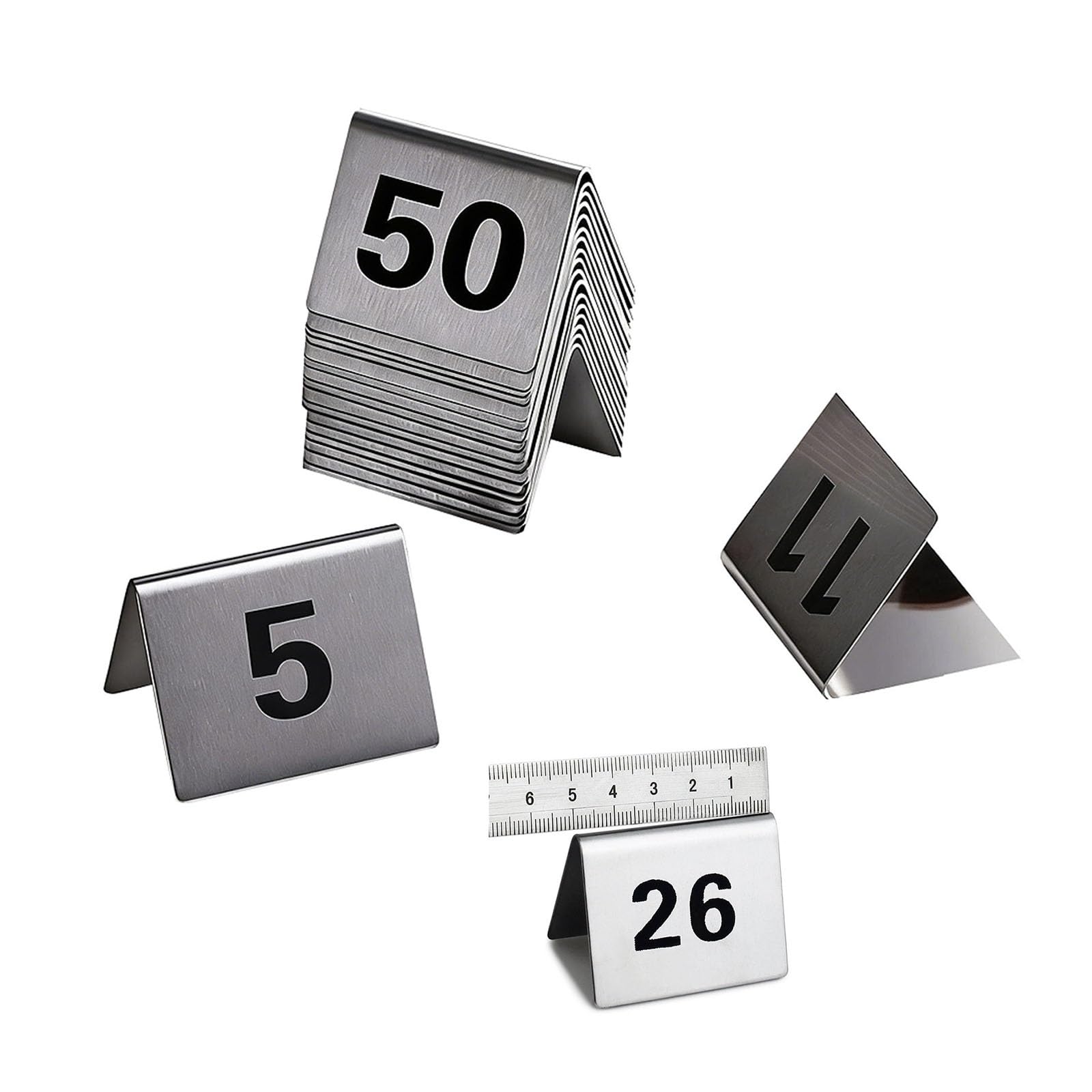 Tarjetas de números de mesa de acero inoxidable for restaurantes, estilo tienda de campaña, números de mesa 1-25, 1-50, adecuadas for restaurantes y cafeterías(1-50)
