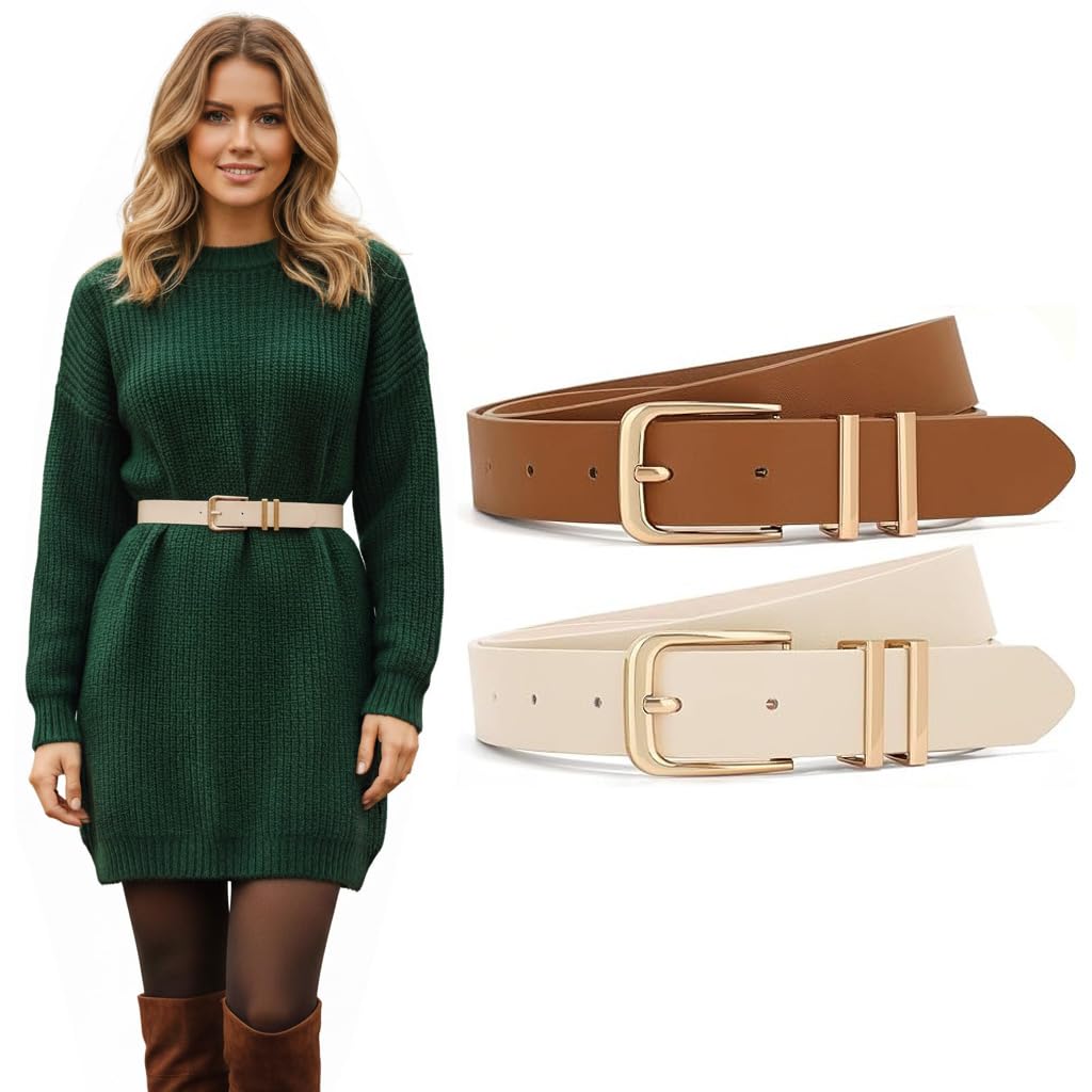 Belt for Women Jeans, Beige & Brown Belt for Women Dresses, Fashion Slim Ladies PU Leather Belts for Woman, Pin-and-tuck Closure