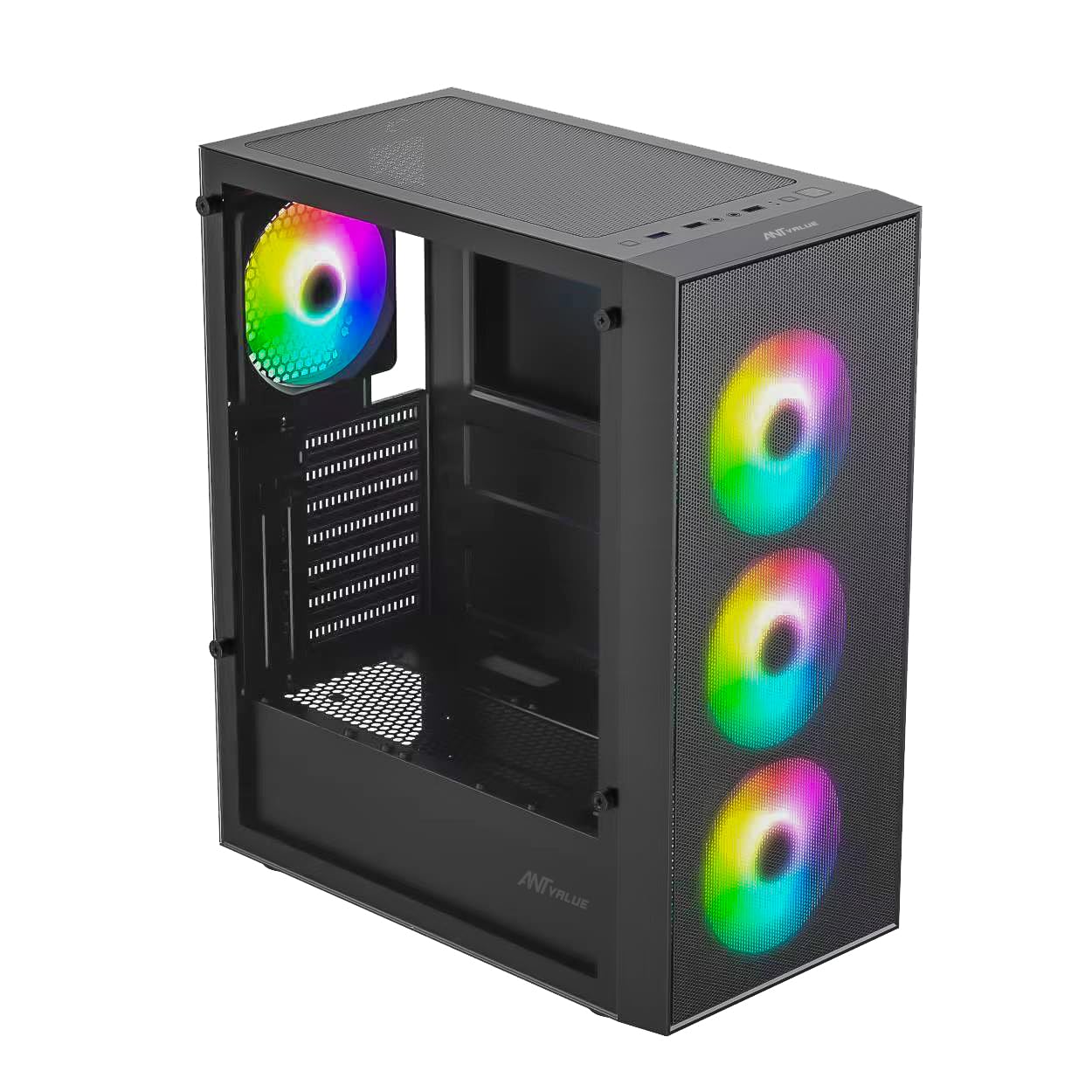 Ant Value VM40 ATX Computer Case/Gaming Cabinet – Black | Support ATX, M-ATX, ITX | Pre-Installed 3 Front & 1 Rear Rainbow Fans