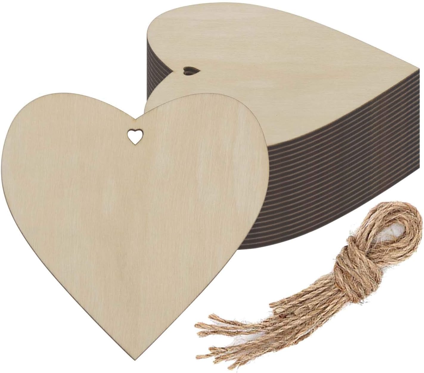 Wooden Heart Cutouts With Ropes - 20 Piece 4x4 Inch Craft Hearts For DIY Decor