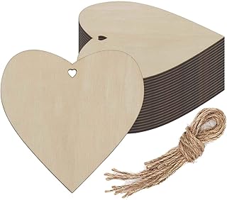 Wooden Heart Shaped Hanging Ornaments Heart Wood DIY Crafts Cutouts with Hole Hemp Ropes Wood Tags for Wedding Birthday Happy Mother's Day Party Decorations (4x4 in, 20pcs)