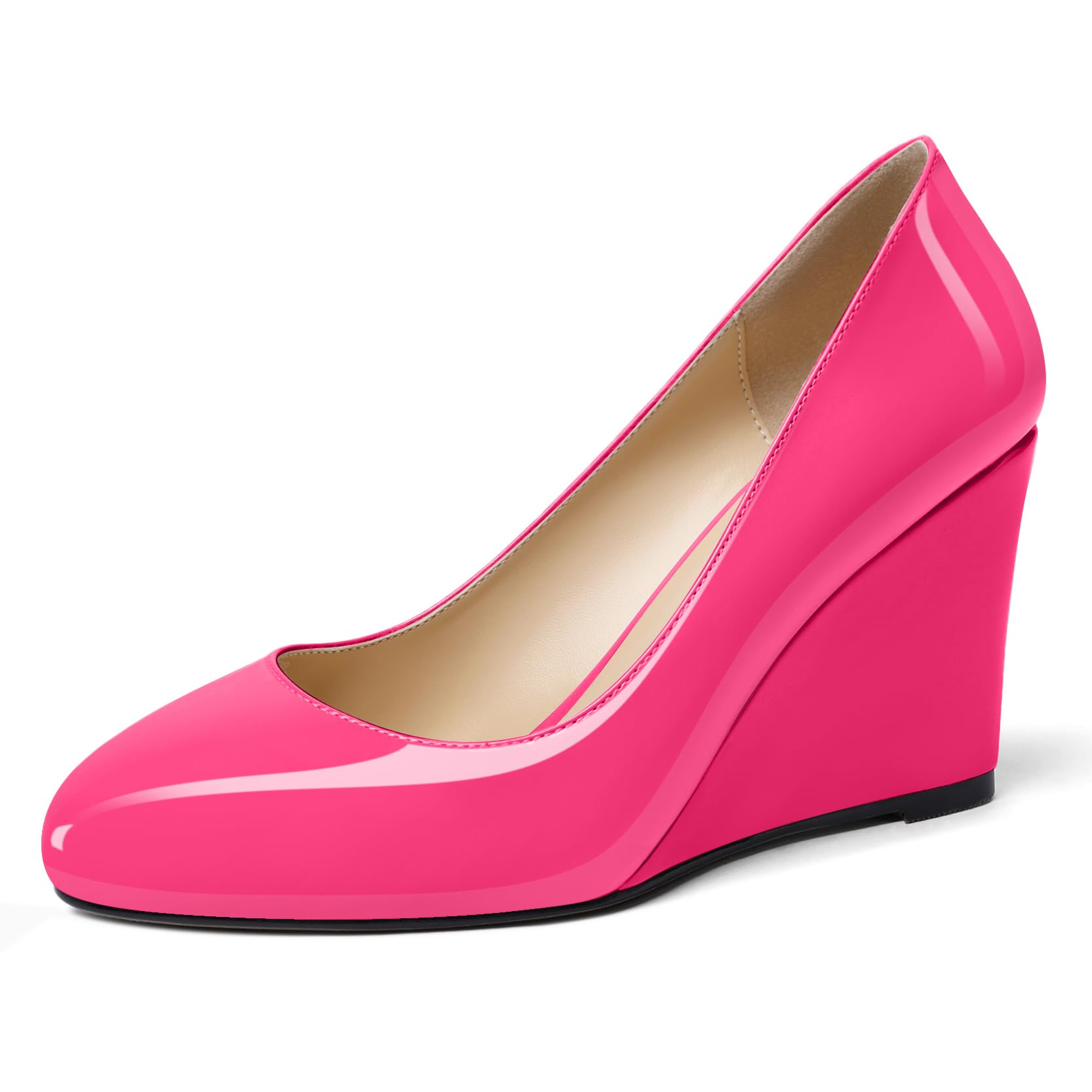 Soireelady Women Round Toe Wedges Closed Toe High Heel Pumps Slip On Wedge Heels Patent Leather Office Work Heels Elegant Dress Shoes