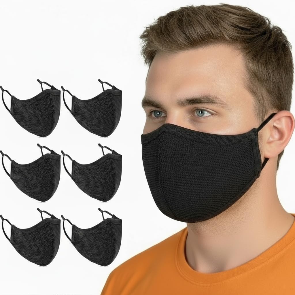6 Pack Black Cotton Face Masks,Face Masks Washable,Reusable Face Mask,Face Covering,3-Layers Breathable Cloth Face Masks With Adjustable Ear Loops For Women Man (Meduim)/(Large)/(X-Large)