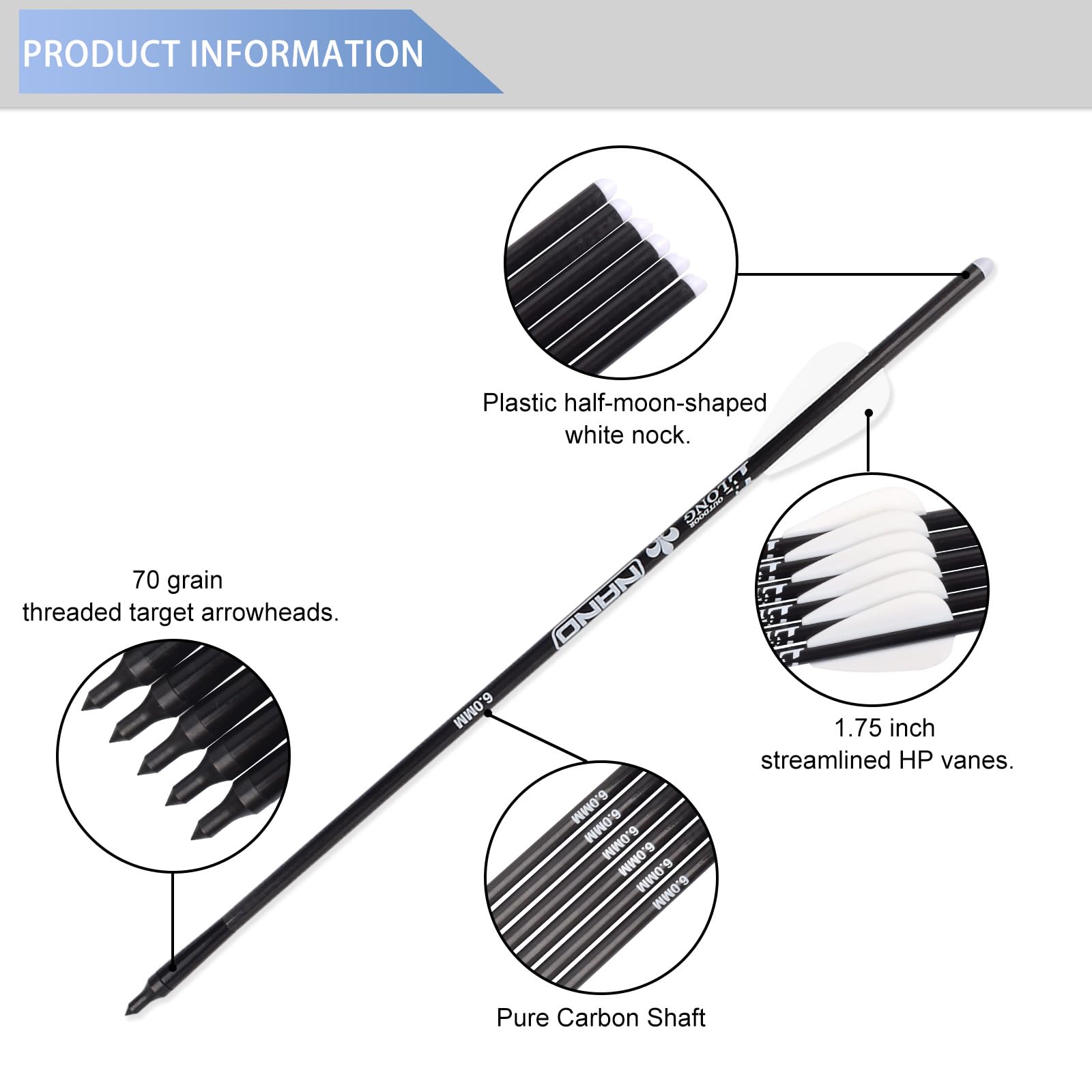 YLS Mini flechas de ballesta de carbono con puntas de campo de media luna nocks penetradores insertos para caza OD 6.0 mm, 6 piezas