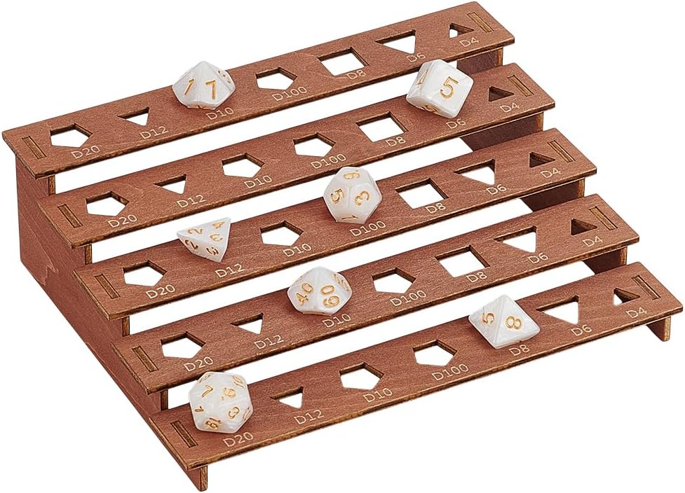 BENECREAT 5-Tier Wooden Dice Holder, 7.4x5.9x2.2inch Display Rack, Coconut Brown Storage Shelf Holds 35Pcs Dice Display Stand for Tabletop Gamers & Dice Collectors