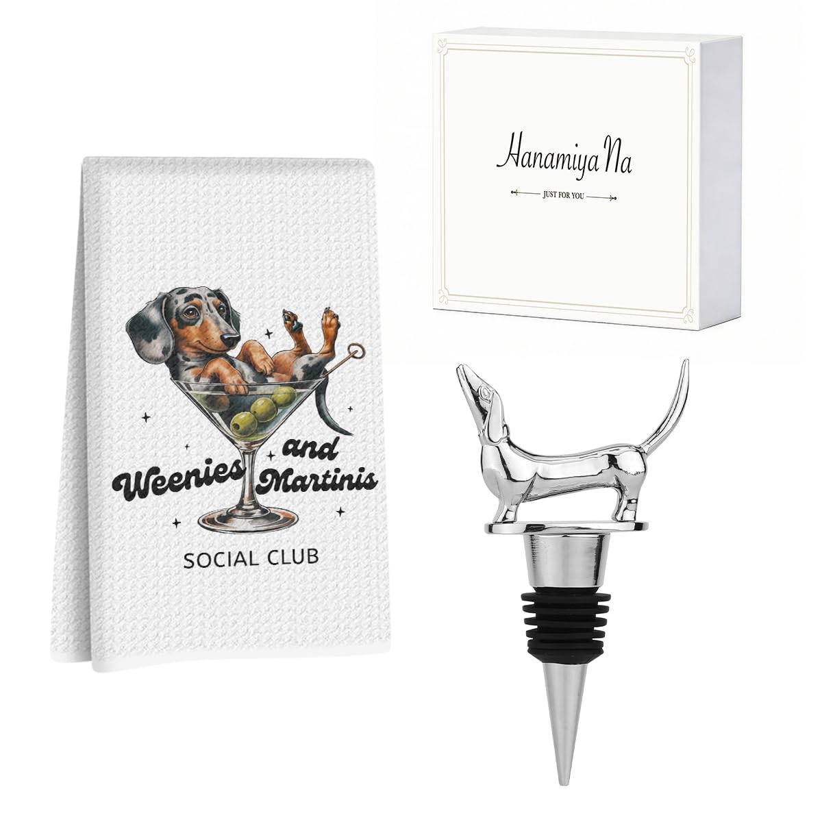 Dachshund Cocktail Kitchen Towels with Wine Bottle Stopper 24x14 Inch, Dachshund Gifts Reusable Dish Towels for Kitchen Bars Decor, Wine Gift Weiner Dog Gifts for Women Men Christmas Birthday Gift-1