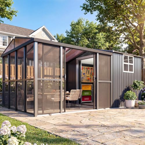 10x10 Sunroom with 6x10 Shed with Window, 2-in-1 Patio Shelter