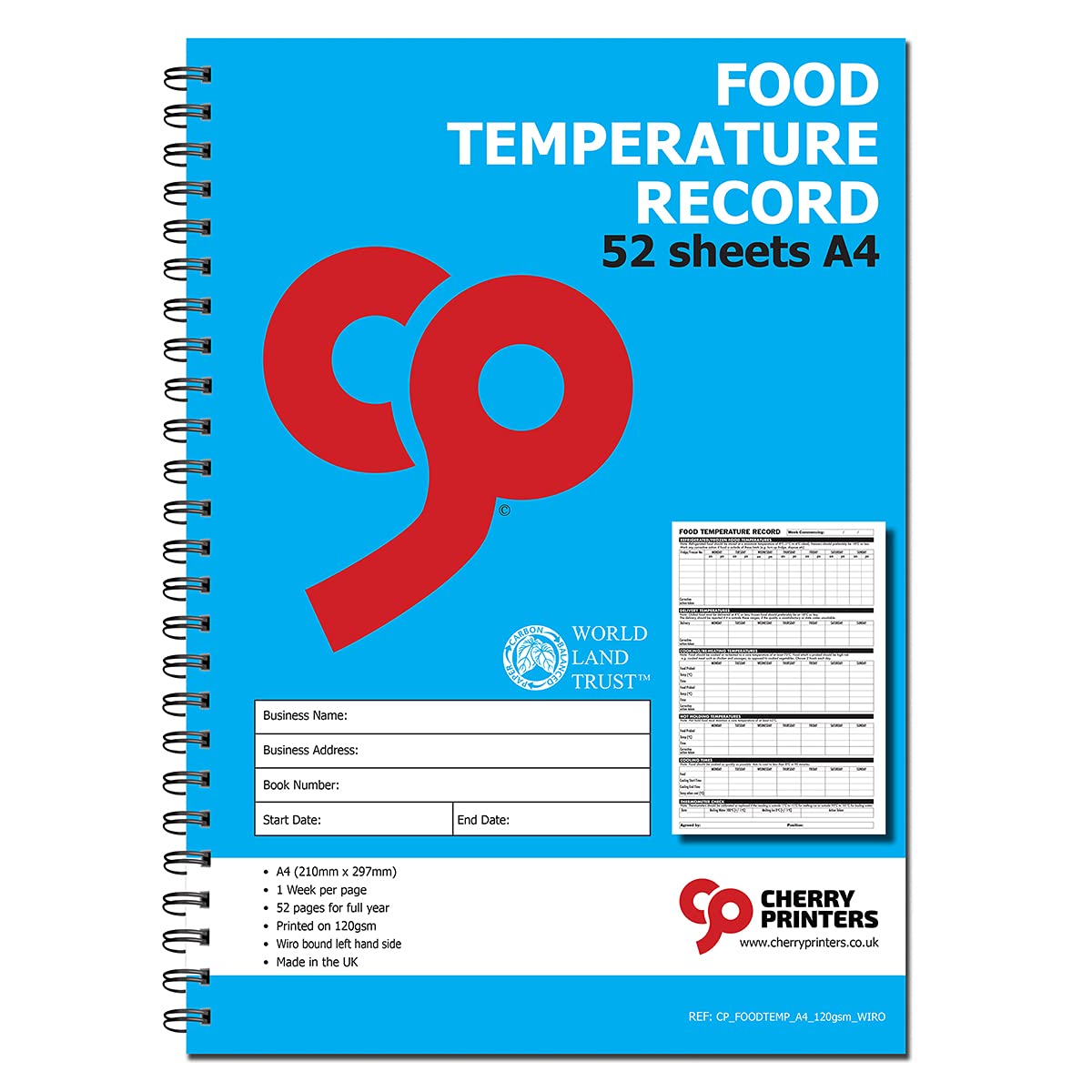 Cherry Printers Food Temperature Record Book | A4 52 Pages | 120gsm Paper | Spiral Bound | Weekly Monitoring for Refrigeration, Cooking, Delivery, and Holding Temps