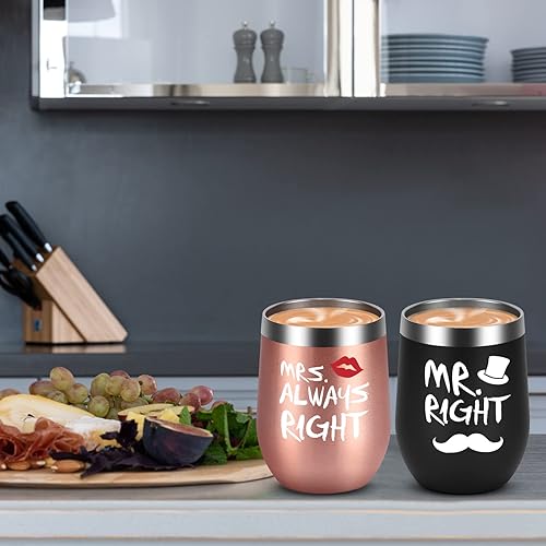 Miniatura 6 de Mr. Right Mrs. Always Right - Juego de vasos de vino, regalos de compromiso de boda para marido, esposa, parejas recién casadas, aniversario, novia,