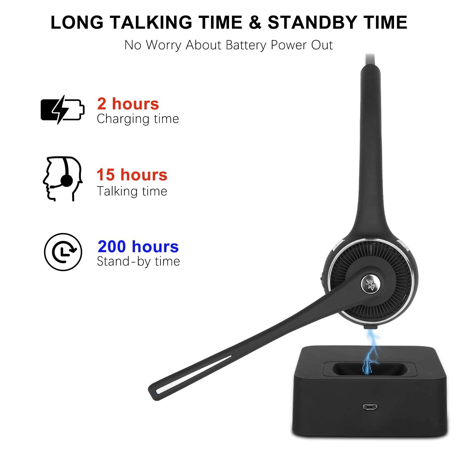 Cuffia Bluetooth senza fili con microfono, con cancellazione del rumore, cuffie Bluetooth per camionista, vivavoce con dock di ricarica per call center, casa, smartphone, PC