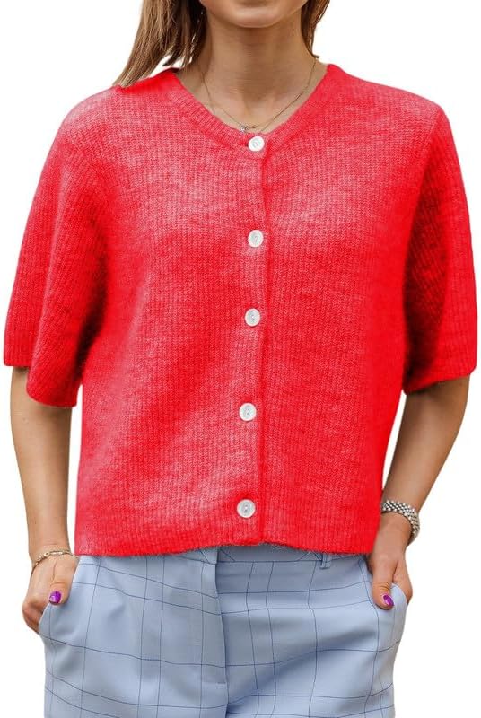 Women Knit Crop Cardigan Short Sleeve Button Down Sweater Open Front Pullover Top Fall Streetwear Blouse - Image 2