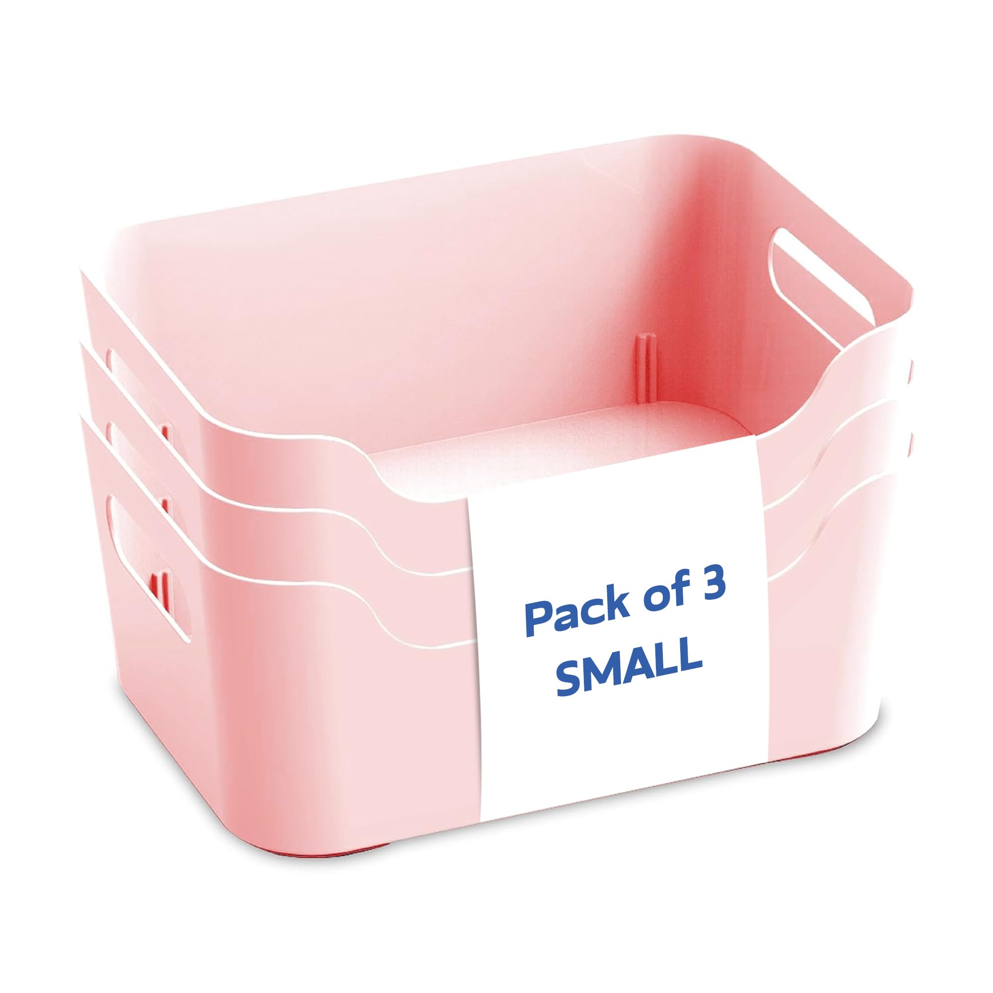 KOLORR Jolly Plastic Small Basket with Handle for Storage Box| Multipurpose Light Weight Plastic Baskets organiser for Clothes Toys Stationary Cosmetics Livingroom Bathroom | Pack of 3 - Pink