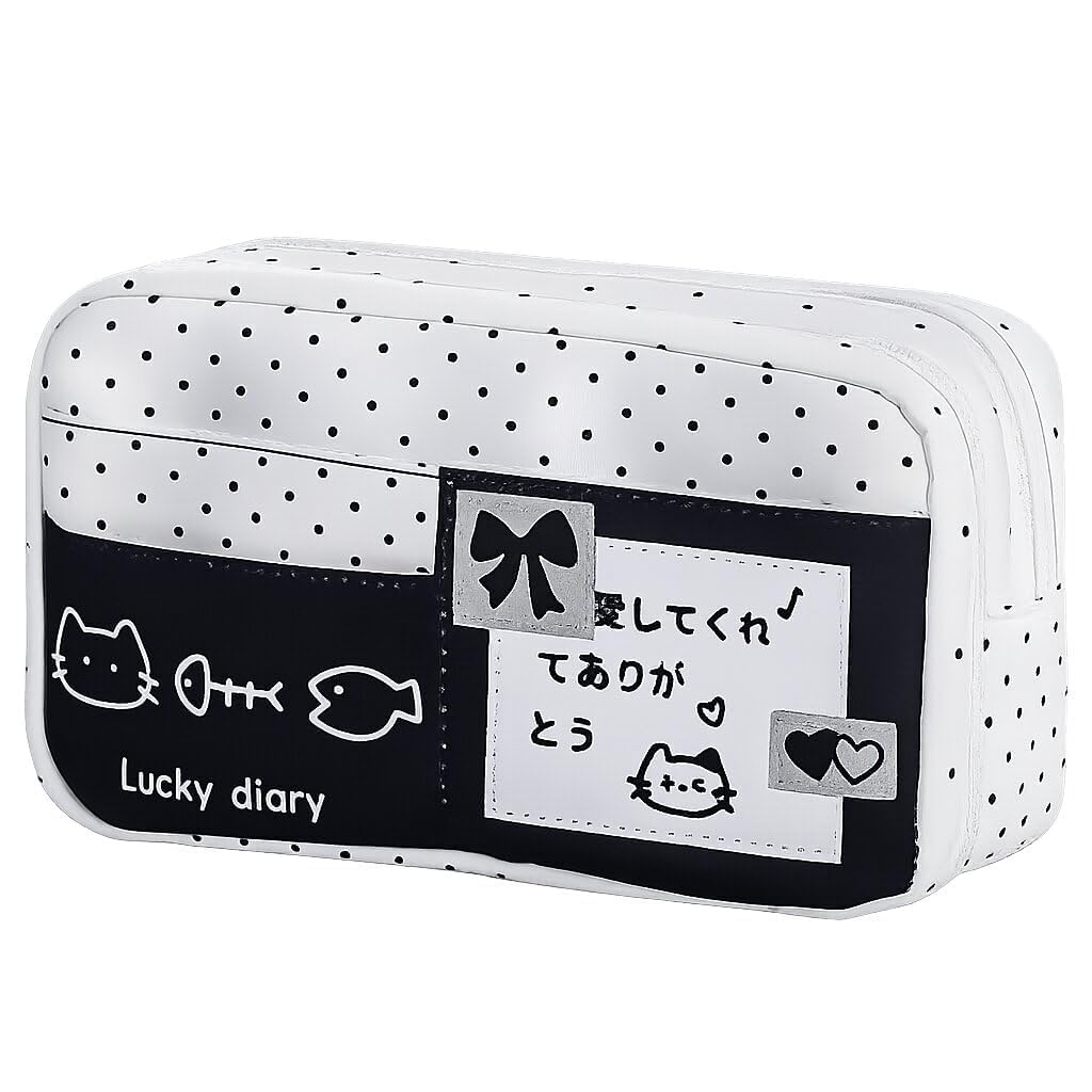 OSDUE Cute Cat Pencil Case, Kawaii Polka Dot Pen Pouch for Girls – Large Capacity Canvas Cosmetic Bag with Japanese Bow Patch, Aesthetic Stationery Organizer for School, Travel & Makeup-picture-28