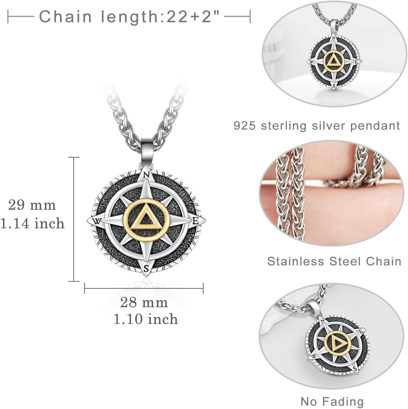 TYSO AA Sobriety Necklace for Men 925 Sterling Silver Compass Necklace AA Coins Medallions Pendant Alcoholics Anonymous Gifts Jewelry for Men - Image 6