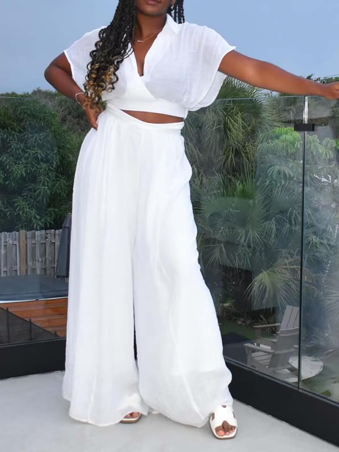 KEYUFANG Women's Summer 2 Piece Outfits Wrap V Neck Crop Top and Wide Leg Pants Sets Casual Vacation Outfits - Image 6