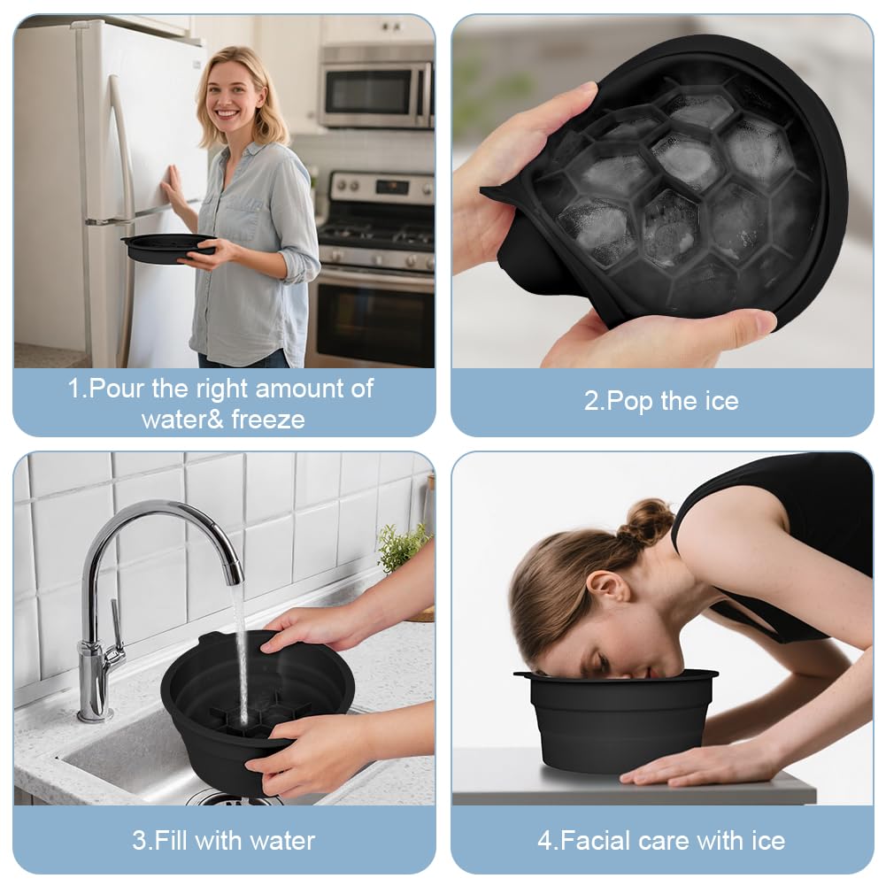 Cuenco De Hielo De Silicona Para Cara, Tazón Facial Plegable Portátil Con Ice Tray Incorporado, Negro