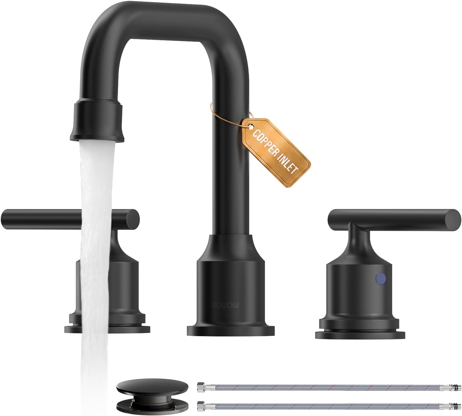 WOWOW Black Bathroom Faucet 3 Hole, Widespread Vanity Sink Faucets 8 Inch | Copper Inlet Matte Black Faucet for Bathroom Sink with Swivel Spout, Two Handles Lavatory Tap with Drain and cUPC Supply Line