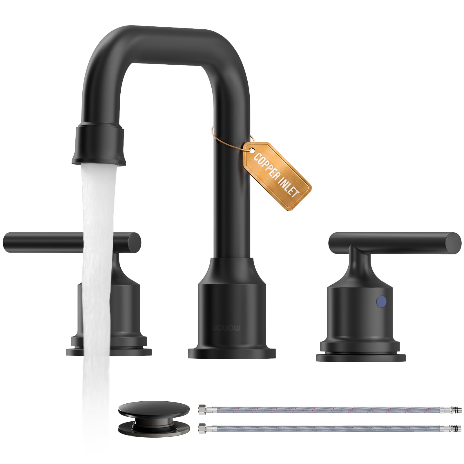 WOWOW Black Bathroom Faucet 3 Hole, Widespread Vanity Sink Faucets 8 Inch