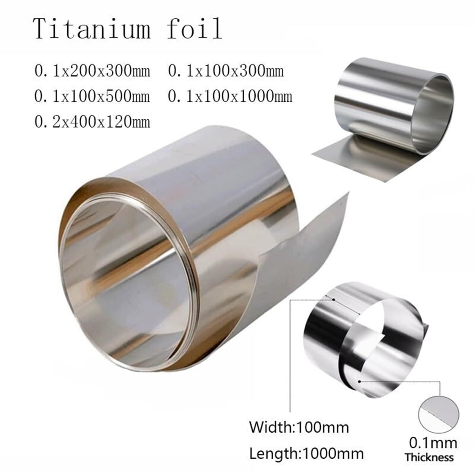 1 Stück Gr2 Titanfolie 0,1mm Silber dünne Titanplatte hochreines Metall quadratische Platte Folie für Handwerk(0.1x100x1000mm)