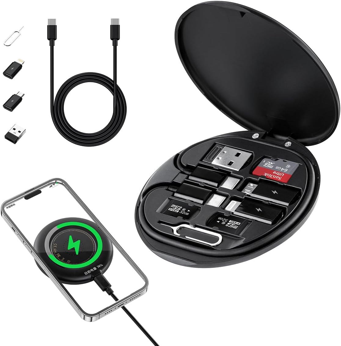 Sounce All In One 60W USB Fast Charging Travel Cable Set Type C, Lightening and Micro USB Port Inbuilt Mobile Stand Compatible with iPhone, iPad, Samsung, OnePlus, Mi, Oppo, Vivo, iQOO, Black, 1.5