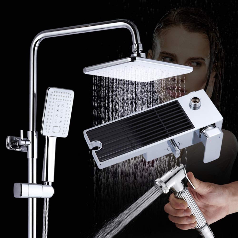 CWCQGH Punch-Free Hot and Cold Shower Set 20cm Square Top Spray Brass Shower Faucet 4 Modes Silver Lift Rack Spray Gun Shower System Beautiful Practical