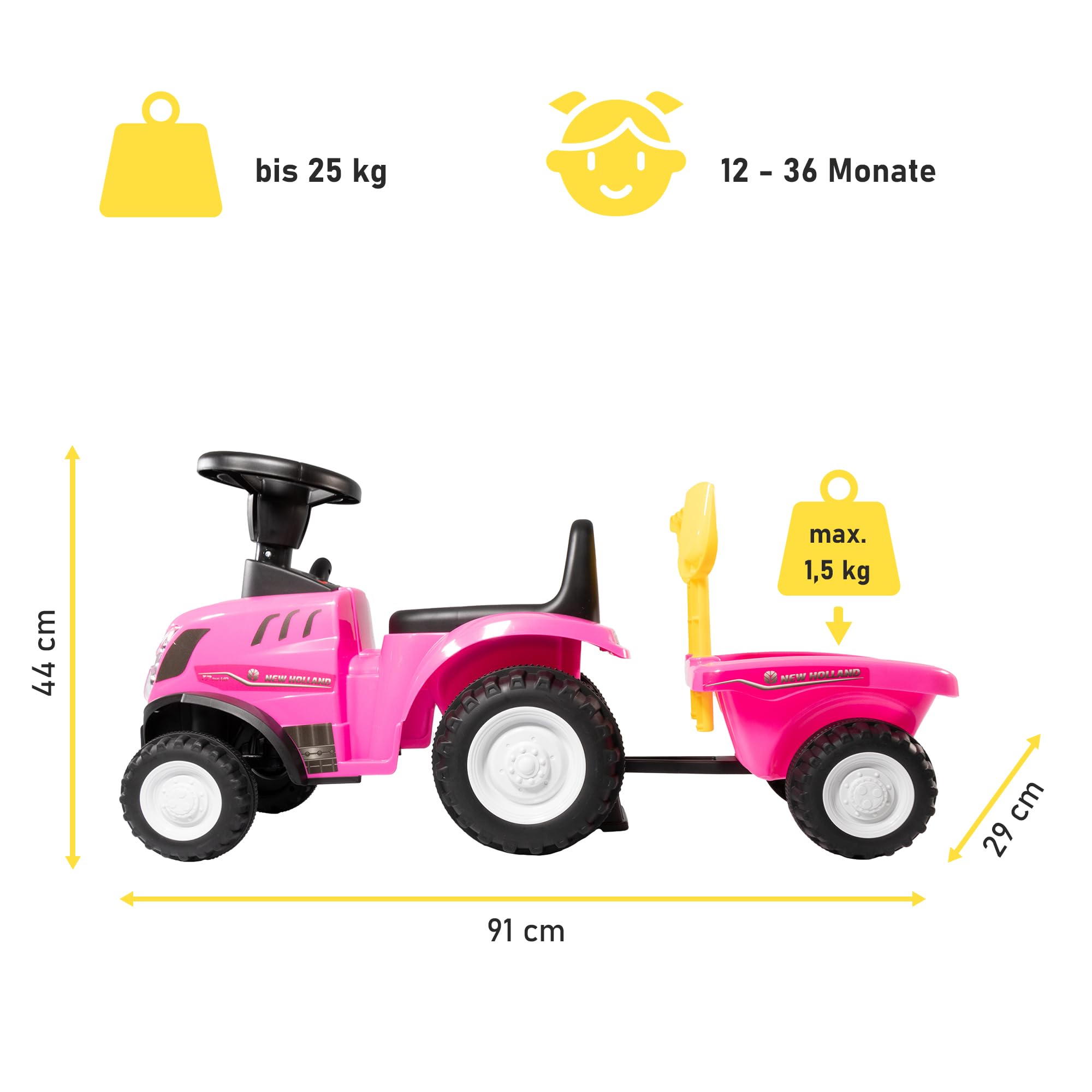 Lemodo Rutschauto Traktor New Holland ab 1 Jahr | Kinderauto mit Anhänger | Rutschfahrzeug mit Schaufel und Rechen | Kinderfahrzeug in pink | Rutscher mit Sound, Licht | Lizenziertes Kinderspielzeug