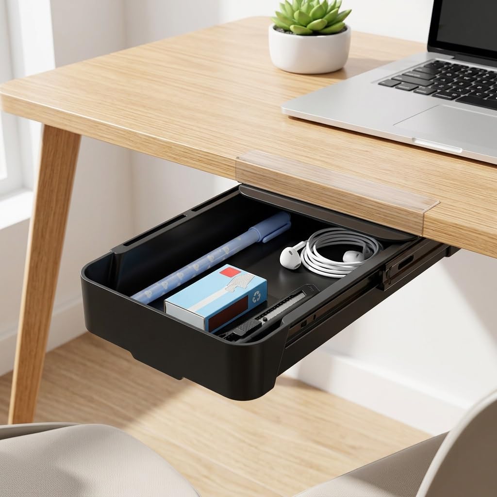 Cajón invisible sin perforación de 20,5 x 10,5 x 3 cm, autoadhesivo, para colocar debajo del escritorio, caja de almacenamiento oculta, organizador multifuncional para hogar, oficina y cocina (negro-trumpet)