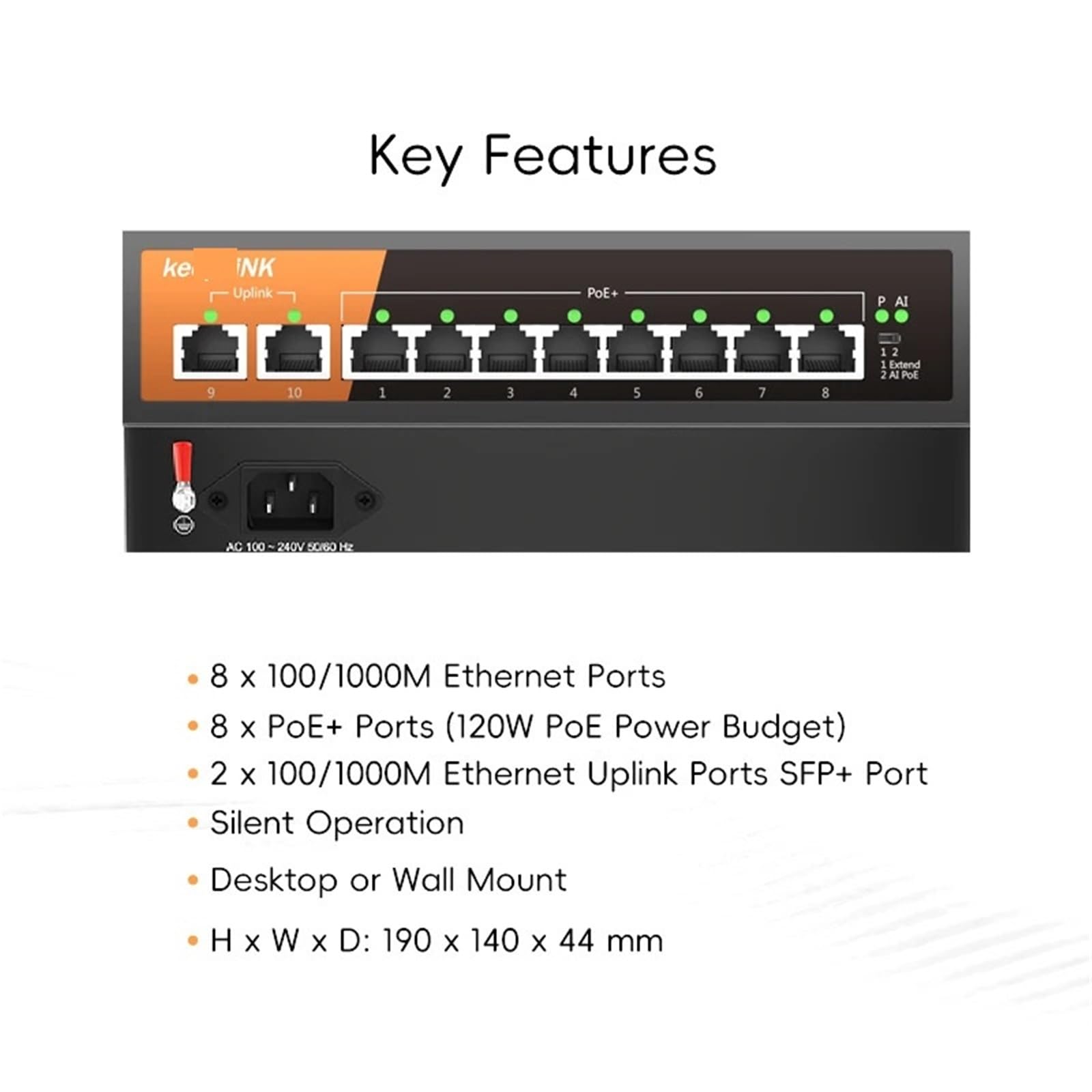 Switch Gigabit Ethernet a 10 porte con 8 porte PoE e 2-RJ45 in rame Uplink non gestito Plug and Play