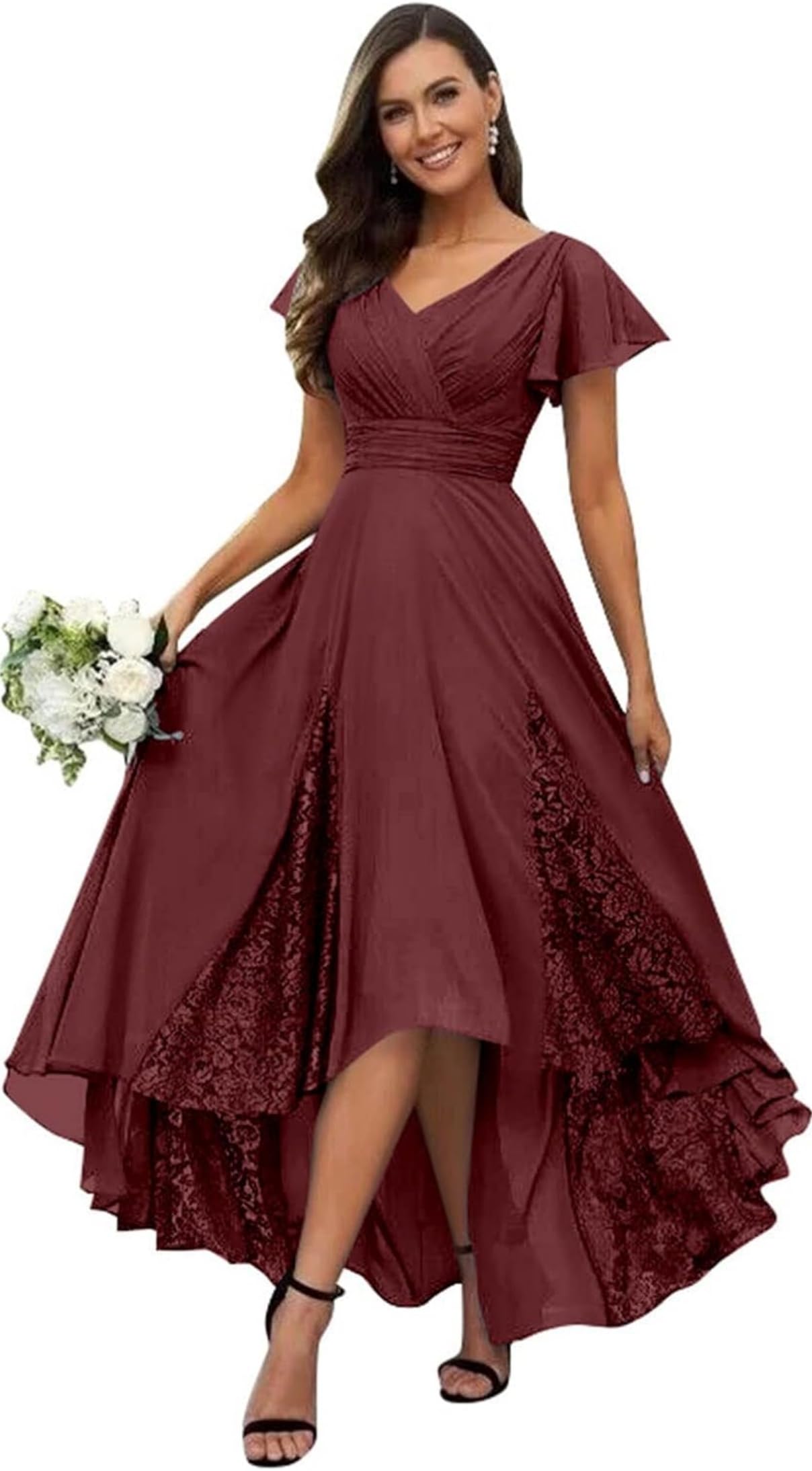 Tee Länge Brautmutterkleid V-Ausschnitt Spitze Abendkleid Chiffon A-Linie Festliche Kleider für Hochzeitsgast
