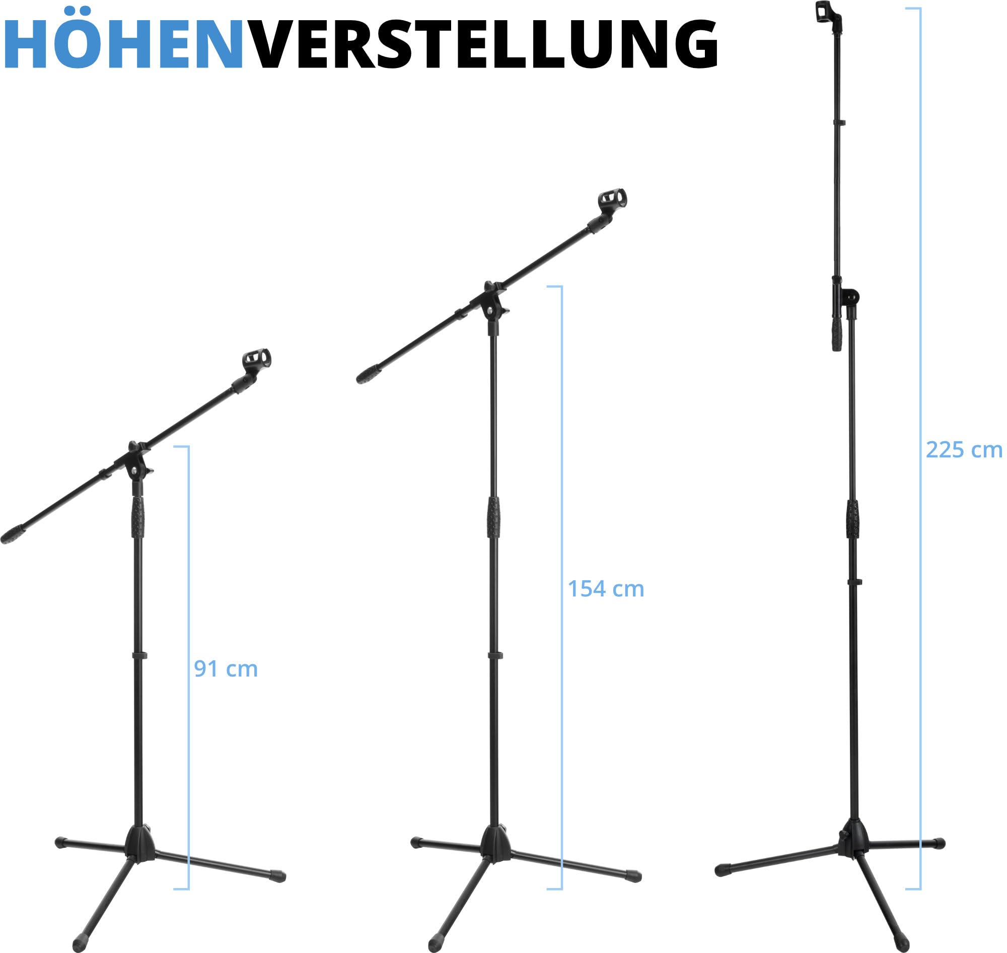 5x SET McGrey MBS-01 Mikrofonständer mit Galgen und Mikrofonklemme (Schwenkarm, höhenverstellbar bis ca. 154 cm, Dreibein, Kabelklemmen, Länge Galgen ca. 75 cm) schwarz