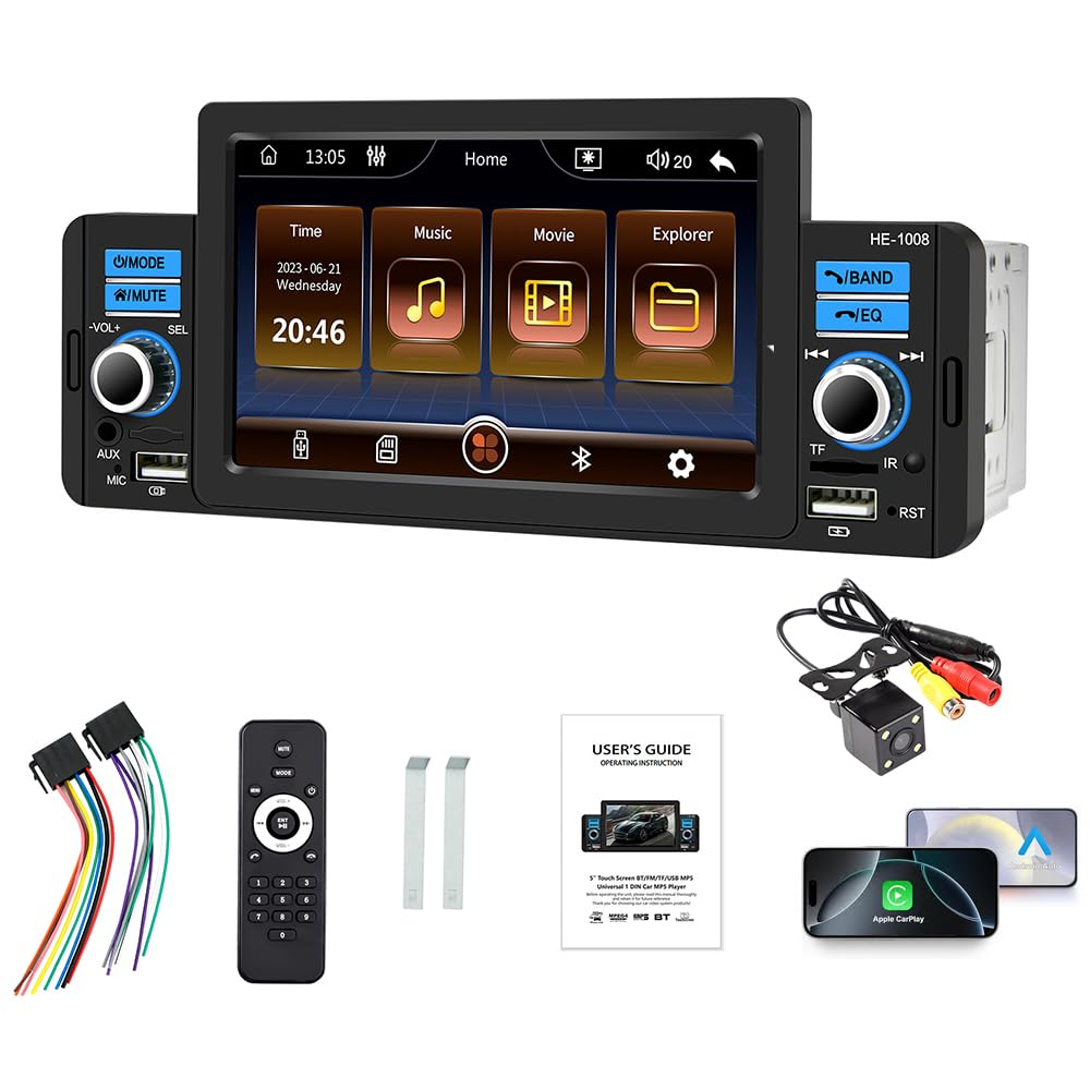 Radio para coche de 1 Din y 5 pulgadas para Carplay y Android Auto, reproductor Mp5 para coche con pantalla táctil, Mirror Link, BT/SD/USB/Aux, cámara de visión trasera de 4 LED, control remoto