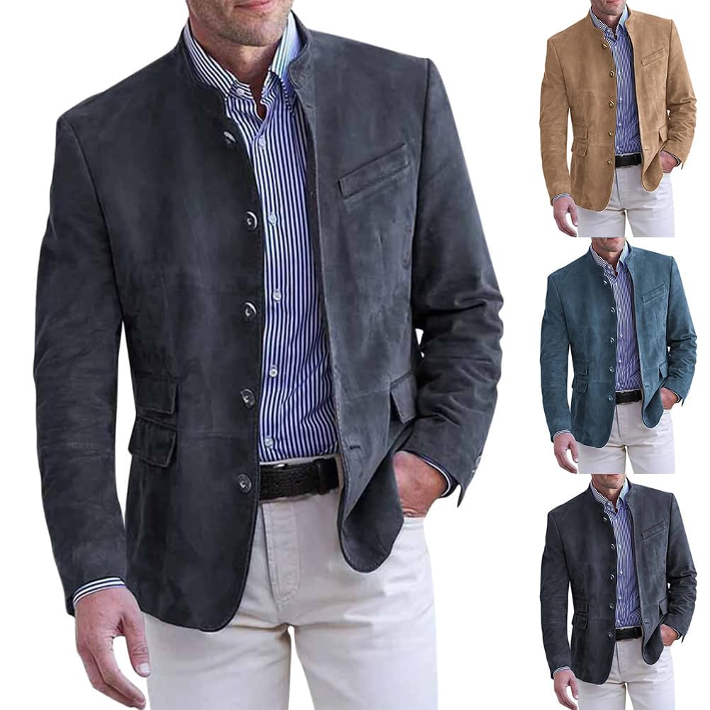 Onsoyours Blazer Décontracté à Col Montant pour Homme avec Poche à Revers et Manches Longues en Daim Vintage Décontracté Slim Bouton Costume d'affaires Blazer Veste