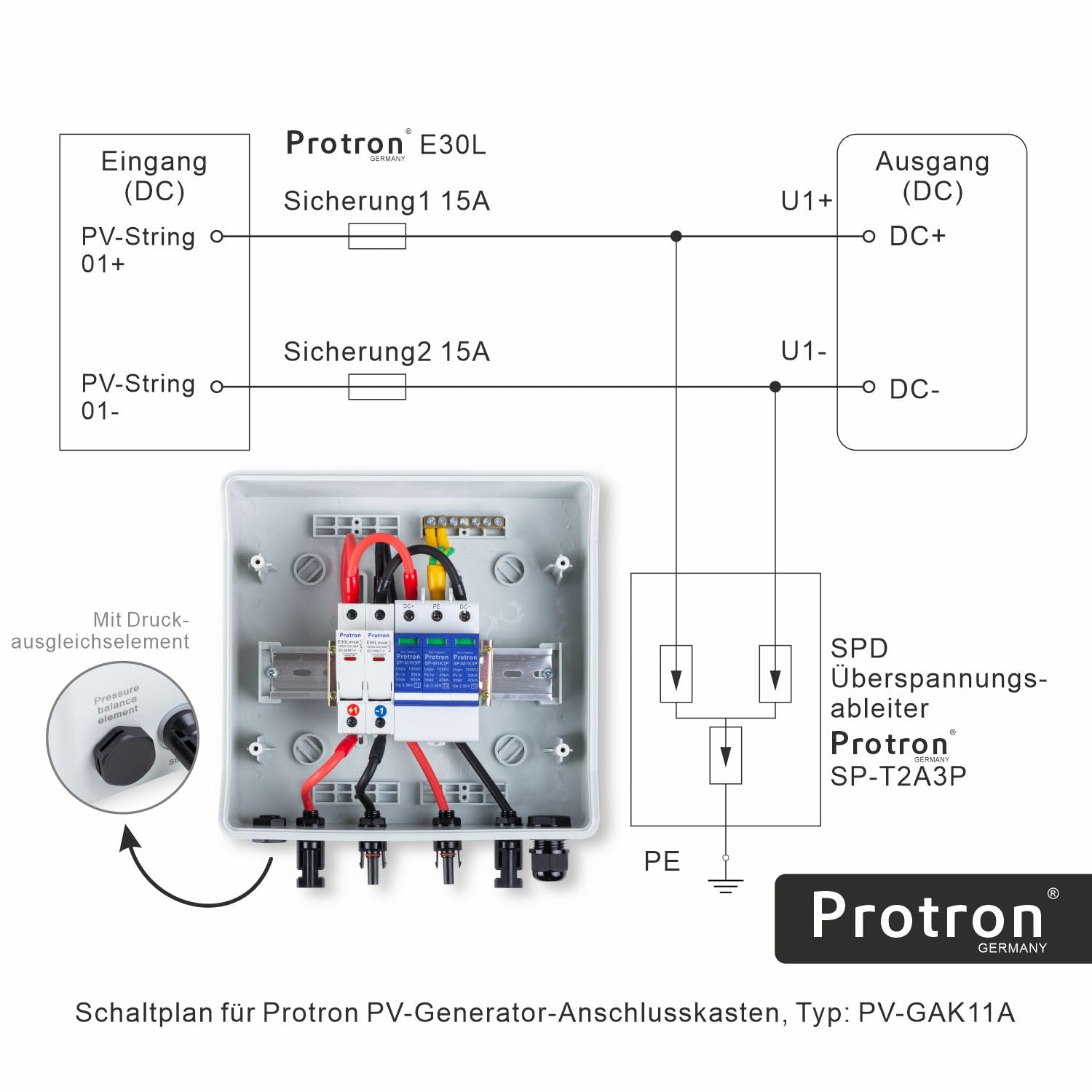 Protron PV GAK Solar Generatoranschlusskasten Photovoltaik DC Anschlusskasten Überspannungsschutz 1000V - T2 (DC-String 1/1 8M 3P 1000V T2, 0% MwSt.)