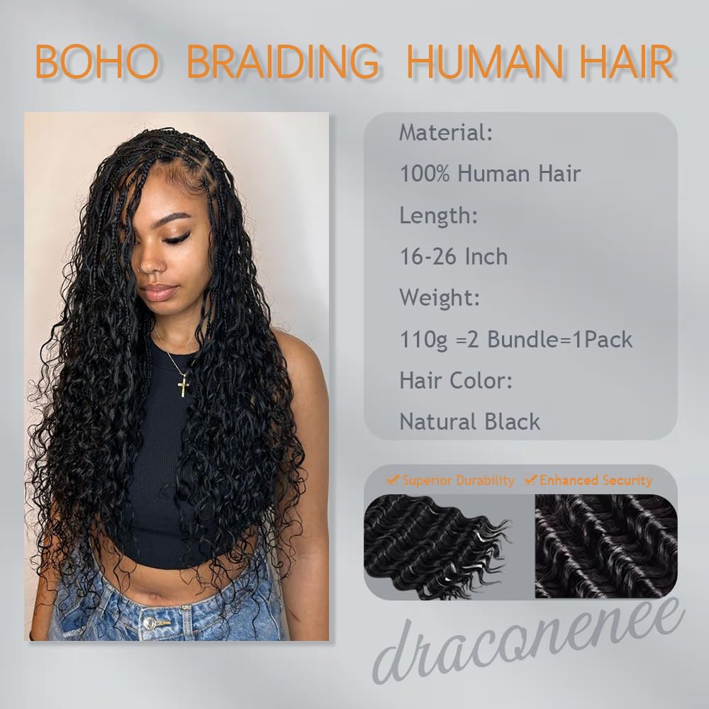 Boho Hair For Braiding 24 Inch 12A Unprocessed Virgin Human Hair Water Wave Human Hair Bundles 110g 2 Bundles No Weft Extensions Wet and Wavy Human Hair Boho Braiding Hair Natural Color