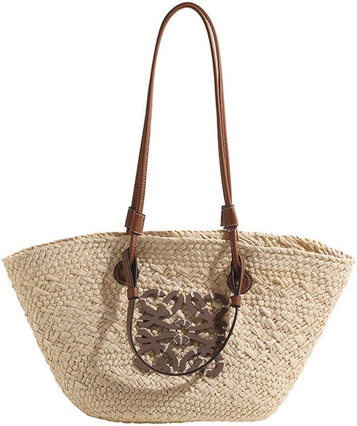 BTCHING Straw Tote Bag - Large Capacity Hand-Woven Beach Women's Bag - White