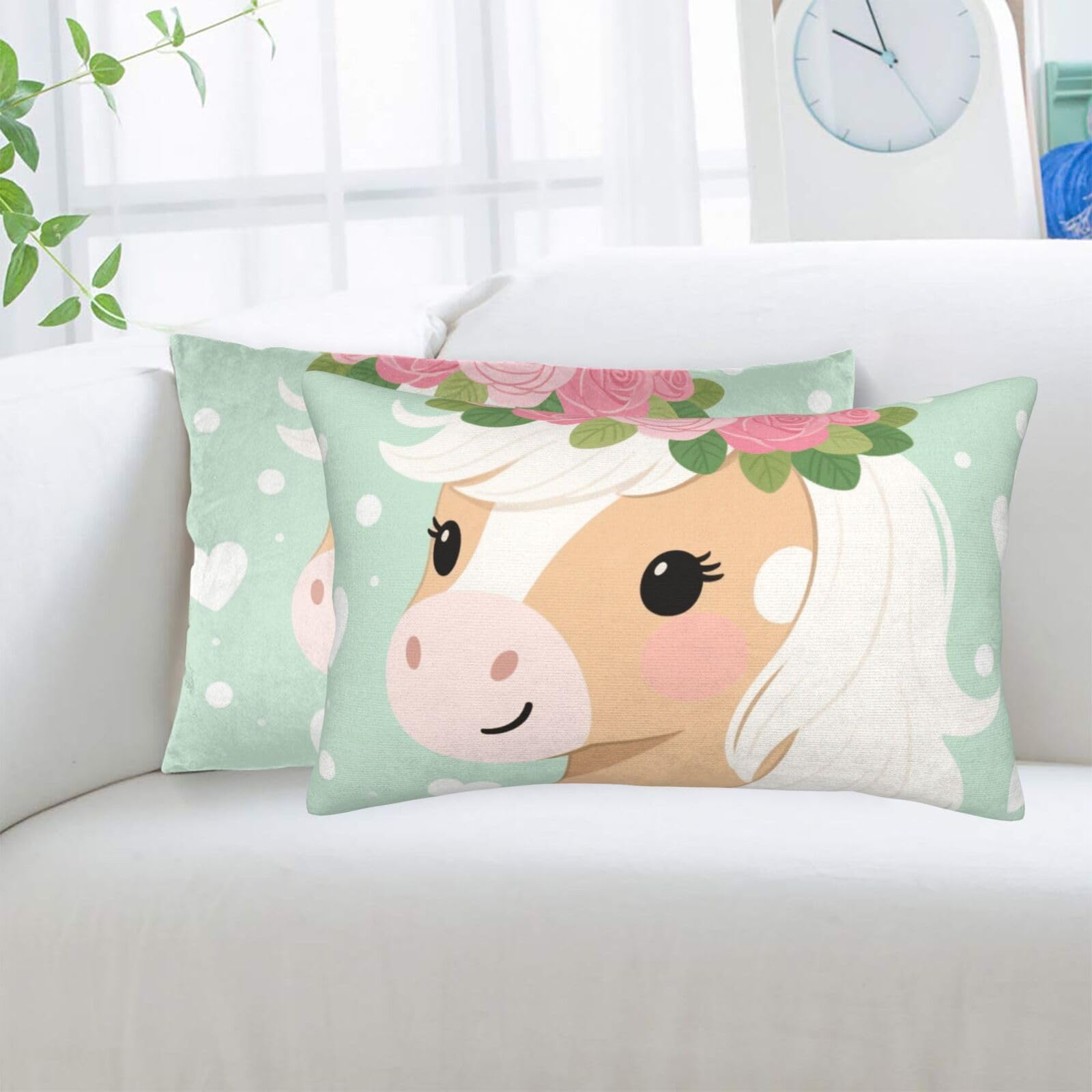 2 Pack Standard Pillowcases Sets, Ultra Soft Comfort Microfiber Plush Pillow Cases Cute Horse with Flowers Decorative Throw Pillow Cover with Hidden Zipper for Bedroom, Sofa, Couch,14"X20"