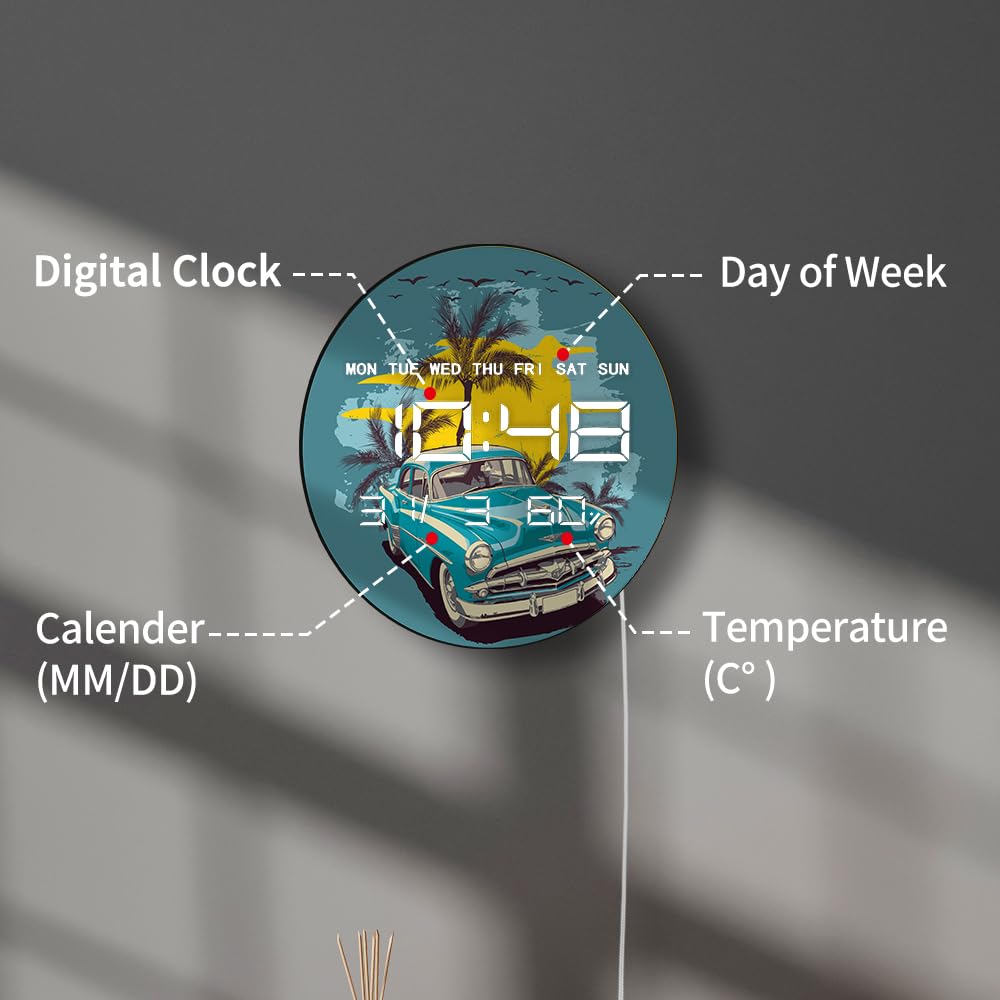 Cyfrowy zegar ścienny LED w stylu vintage, duży wyświetlacz, garażowy zegar ścienny z temperaturą, automatyczną jasnością, 12/24 h, data, zasilanie USB, do garażu, sklepu, pokoju chłopców