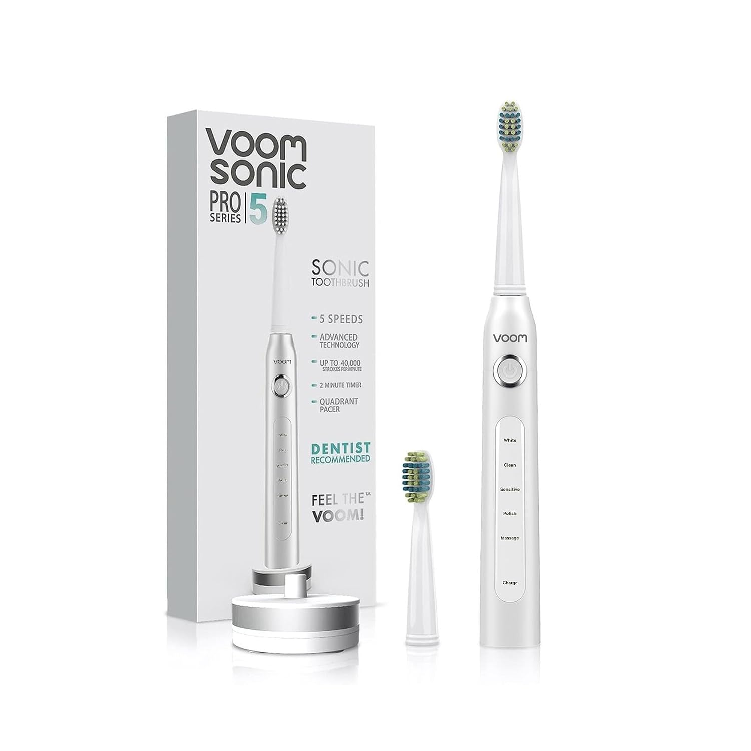 Voom Sonic Pro 5 Series Rechargeable Electronic Toothbrush + Pro 3/Pro 5 6-Replacement Heads - 2 Minute Timer with Quadrant Pacing, 5 Adjustable Speeds, Soft Dupont Nylon Bristles, White