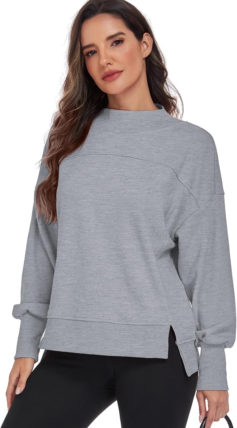 HOUZONIY Womens Long Sleeve Sweatshirt Crewneck Side Slit Soft Lightweight Workout Casual Fall Fashion Basic Pullover Tops - Image 3