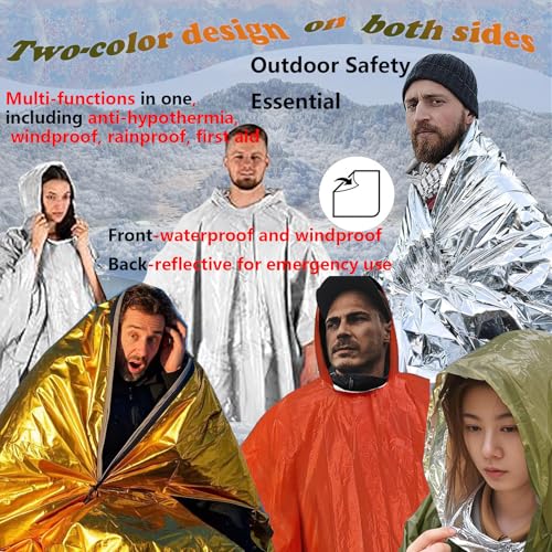 Image of 4X Survival Gear kit, Emergency Poncho (2pc), Emergency Space Blanket (2pc), Mylar Liner - Retains 92% Body Heat, for Outdoors, Hiking, Camping, Bug Out Bag, Marathons or First Aid, Car (Green)