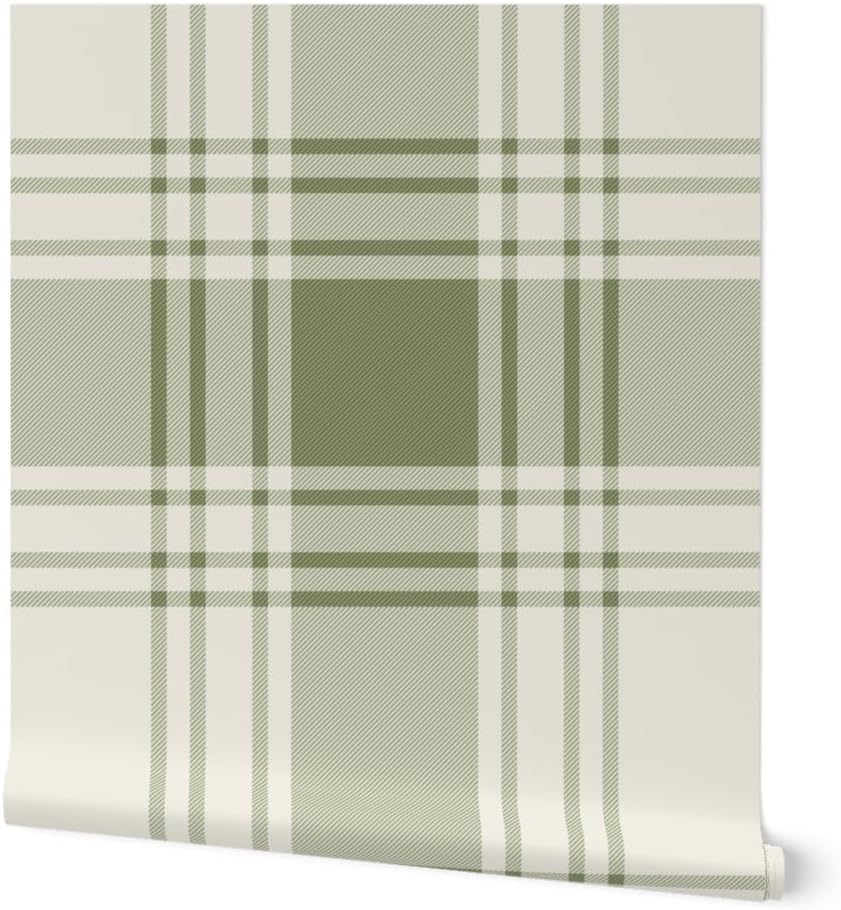 Peel & Stick Wallpaper 6ft x 2ft - sage Green Plaid,Large Scale,Simple Check,Heritage Classic,Farmhouse Tartan Custom Removable Wallpaper by Spoonflower