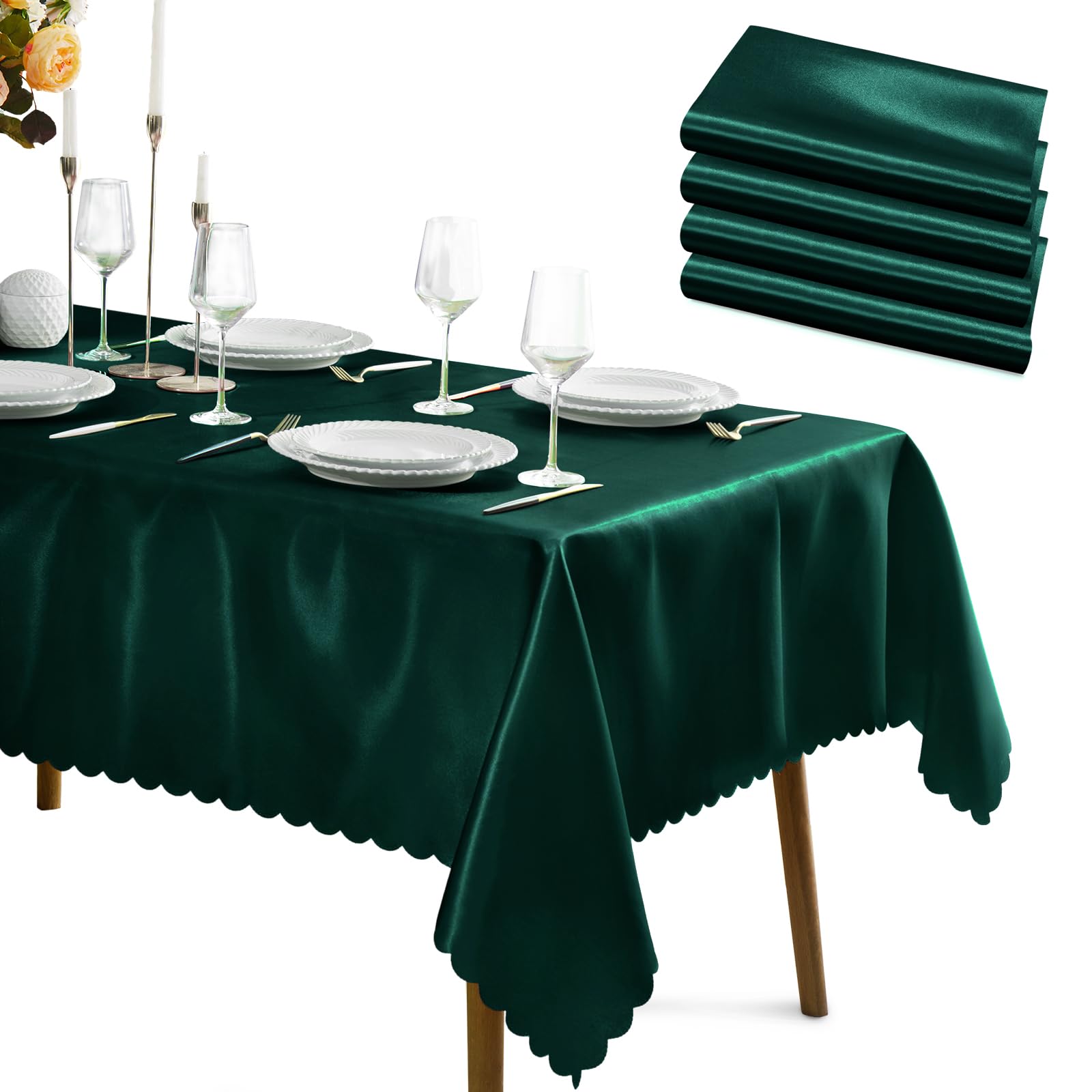 KKJIAF 4 Packs Hunter Green Satin Tablecloth 58" x 102" Rectangle Bright Silky Smooth Satin Table Cover for Wedding Party Banquet Decoration