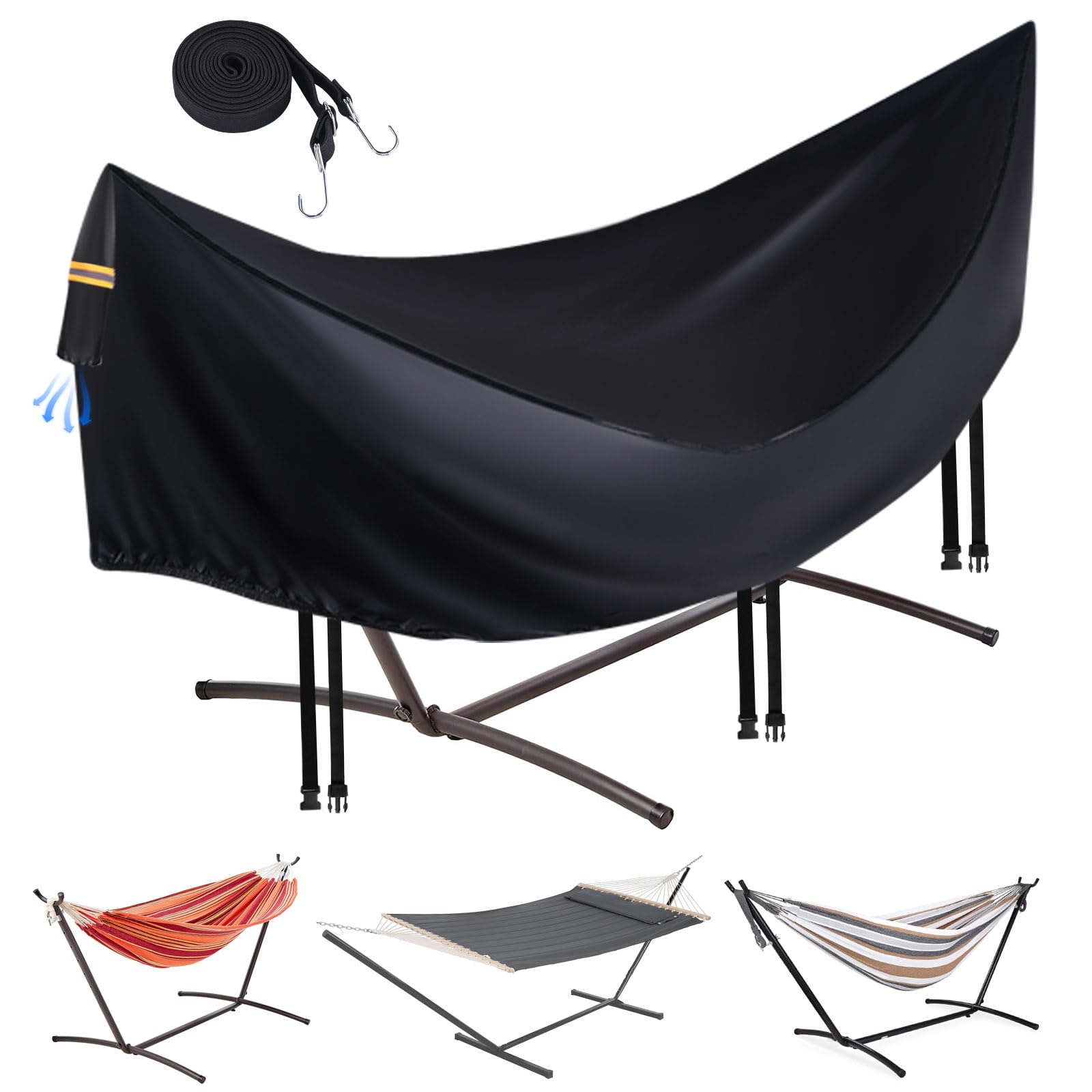 Housse de hamac imperméable et durable 420D pour support de hamac de 3,7 m, coupe-vent, 3 boucles et 1 cordon élastique, aération aérée, poignée réfléchissante, protection contre les intempéries