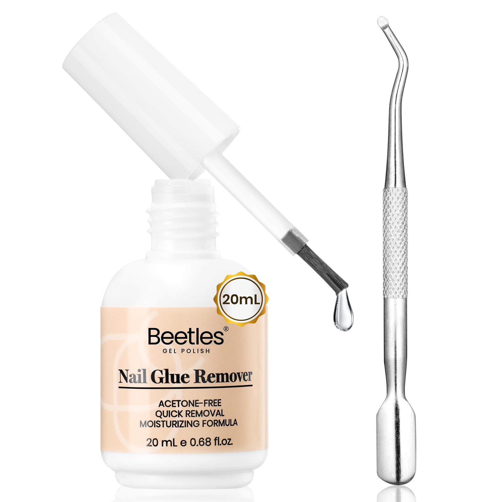 beetles Gel Polish Nail Glue Remover Glue 20ml for False Nails, Press on Nails Glue Remover for Fake Nail Tips Acrylic Nail Adhesive Remover with Cuticle Pusher, Not for Uv Glue or
