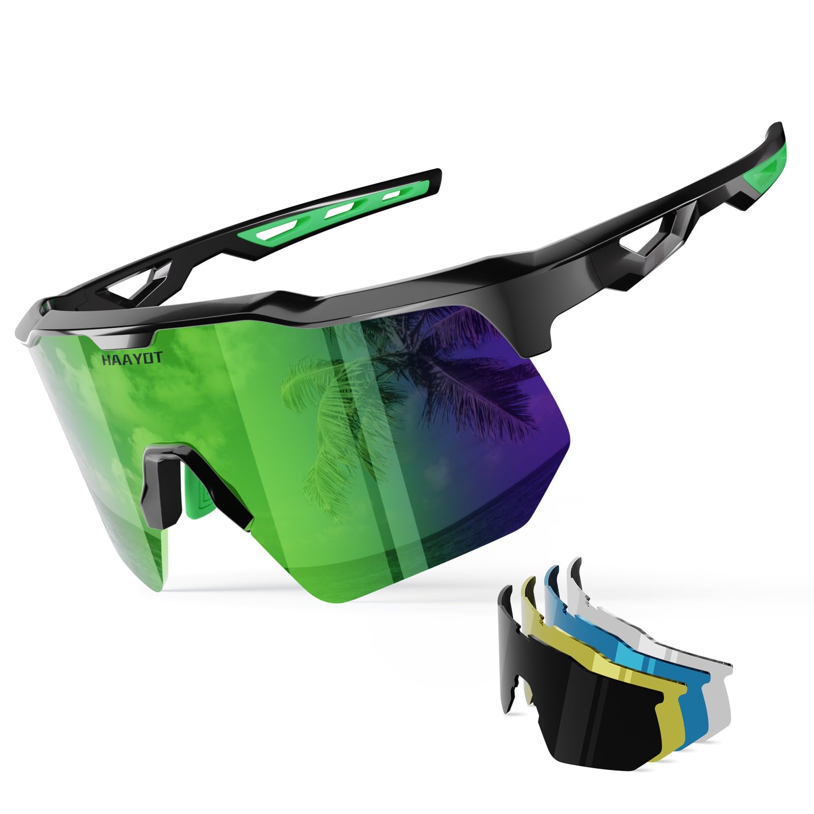 HAAYOT Polaryzacyjne sportowe okulary przeciwsłoneczne dla mężczyzn kobiet baseball jazda na rowerze bieganie softball okulary rowerowe 5 soczewek zielone