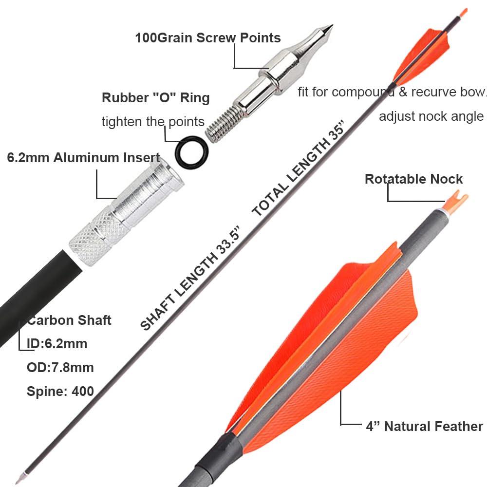 SHARROW 35 Pouces Flèche de Carbone Spine 400 Flèches de Chasse Flèche Arc Flèche Carbone avec 4" Plumes Naturelles pour Tir à l'arc ​Arc Classique Arc A Poulies Longbow Arc de Chasse (Orange, 12p)