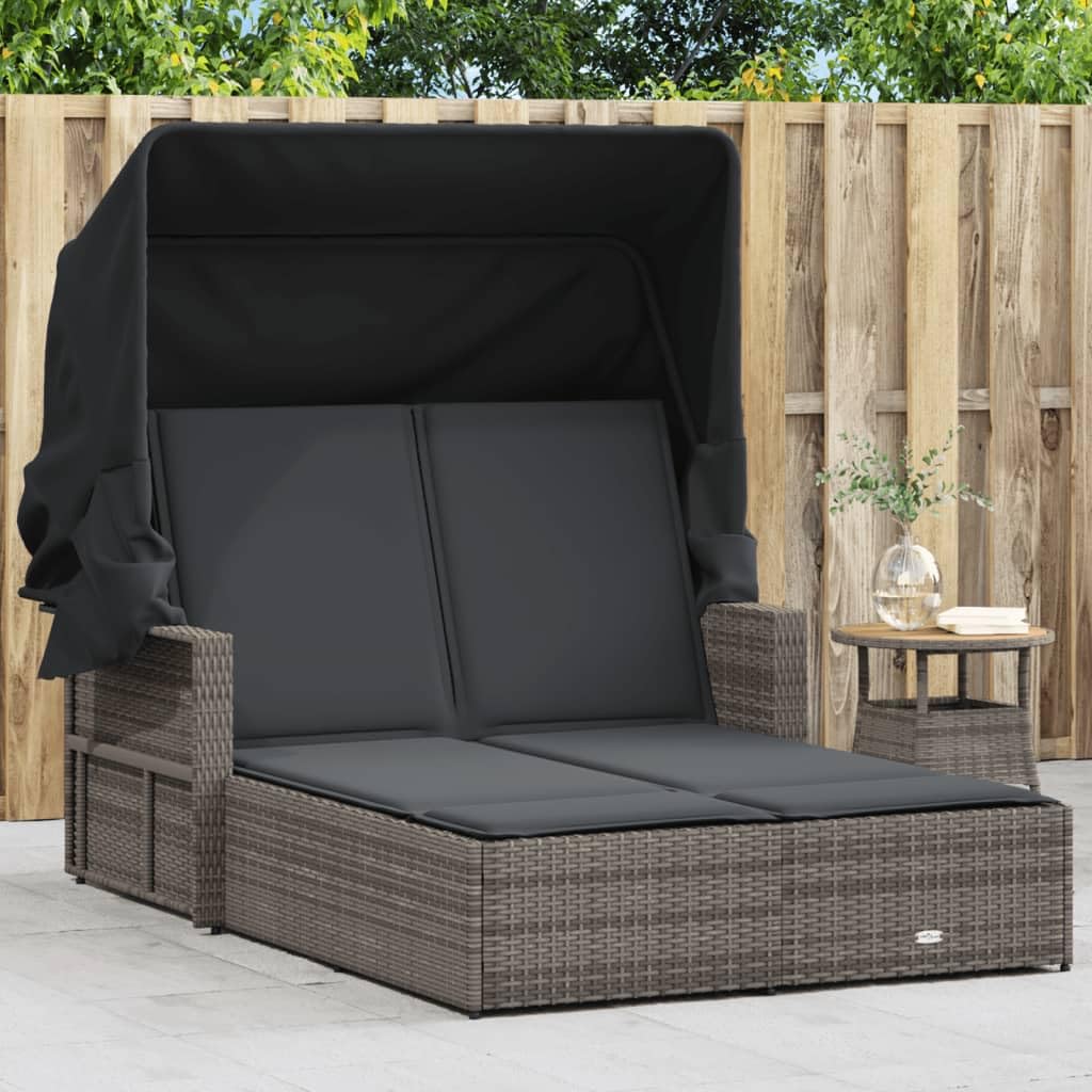 Polyrattan Doppelliege Doppel Sonnenliege mit Dach und Auflagen Garten Sonnenliege für 2 Personen Outdoor Liege - Rückenlehne verstellbar -Grau-