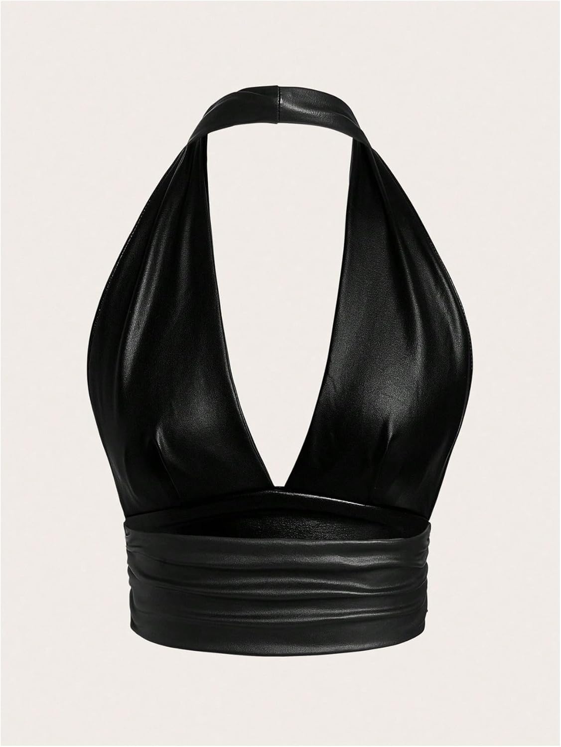 SHENHE Women's Y2k Faux Leather Halter Crop Top Backless Low Cut Deep V Sexy Rave Clubwear - Image 3