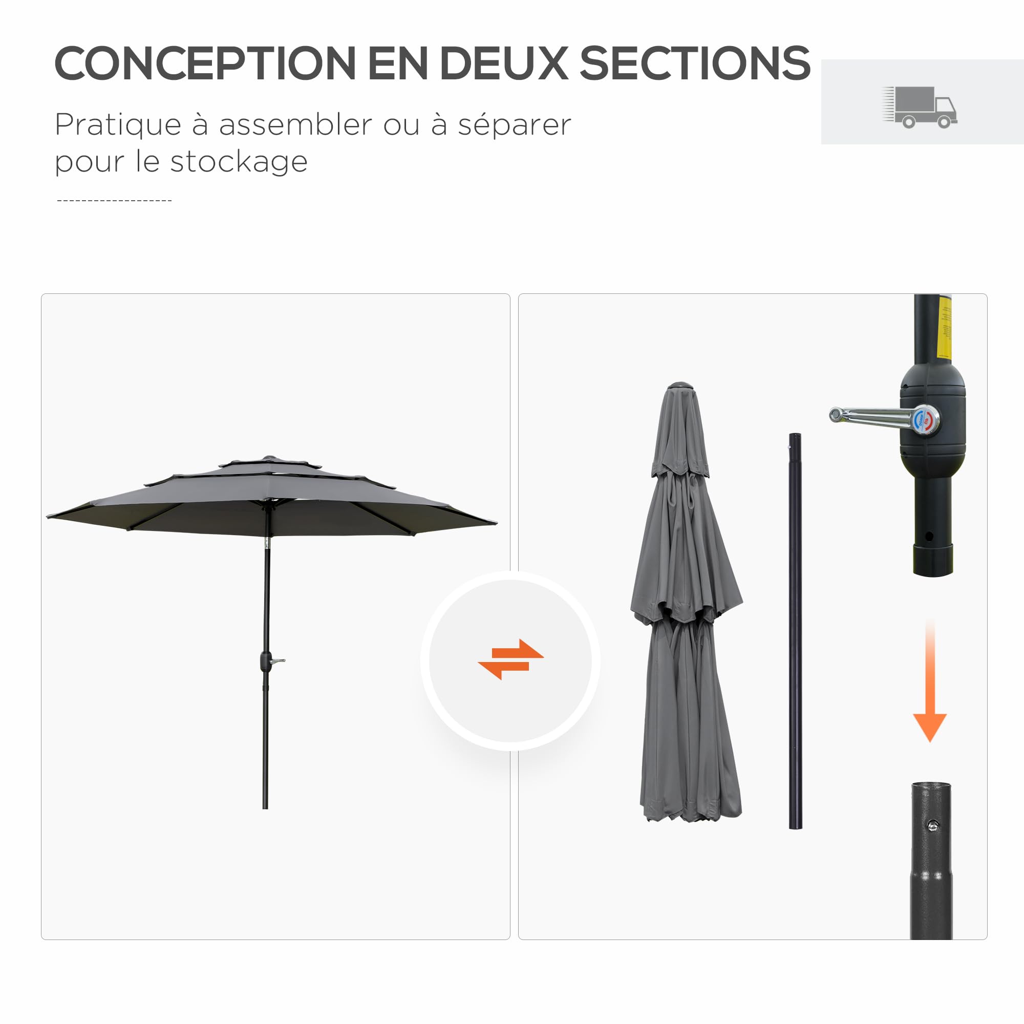 Outsunny Parasol de jardin extérieur parasol inclinable rond Ø 2,85 x 2,5 m avec ouverture fermeture manivelle, 2 évents, toile 180 g/m² protection Anti-UV, parasol pour balcon, terrasse, gris