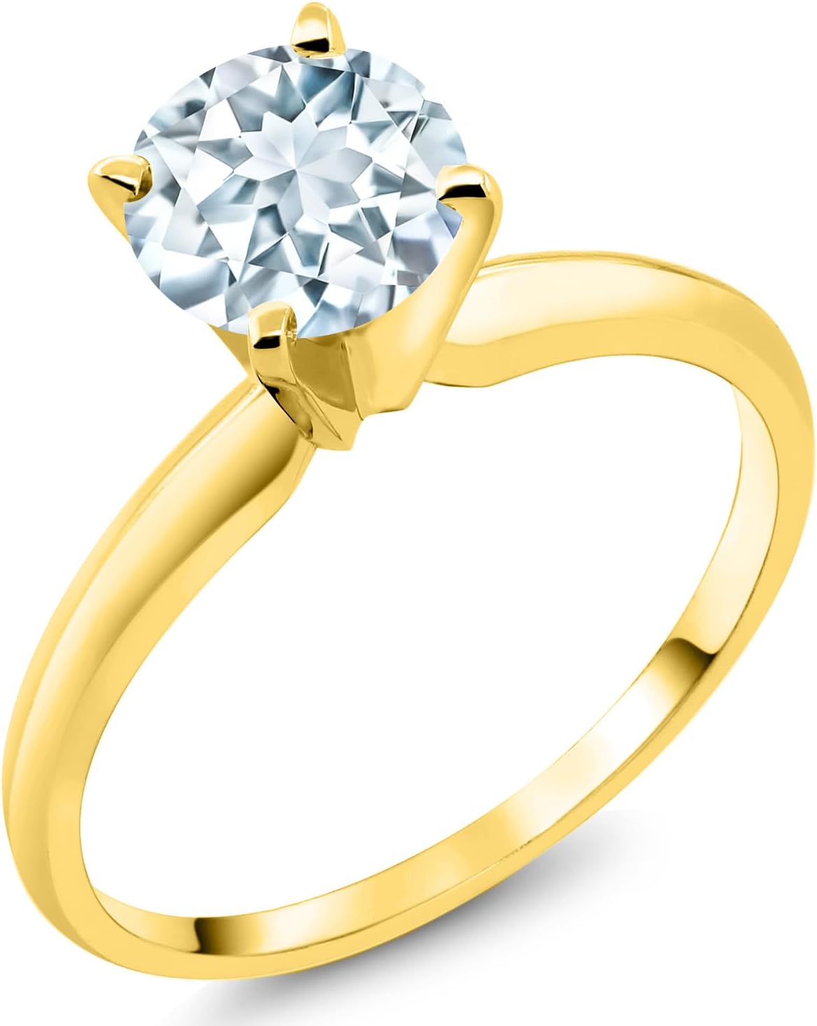 Gem Stone King 14K Yellow Gold Sky Blue Aquamarine Solitaire Engagement 4-Prong Ring For Women | 0.75 Cttw | Round 6MM | Gemstone March Birthstone